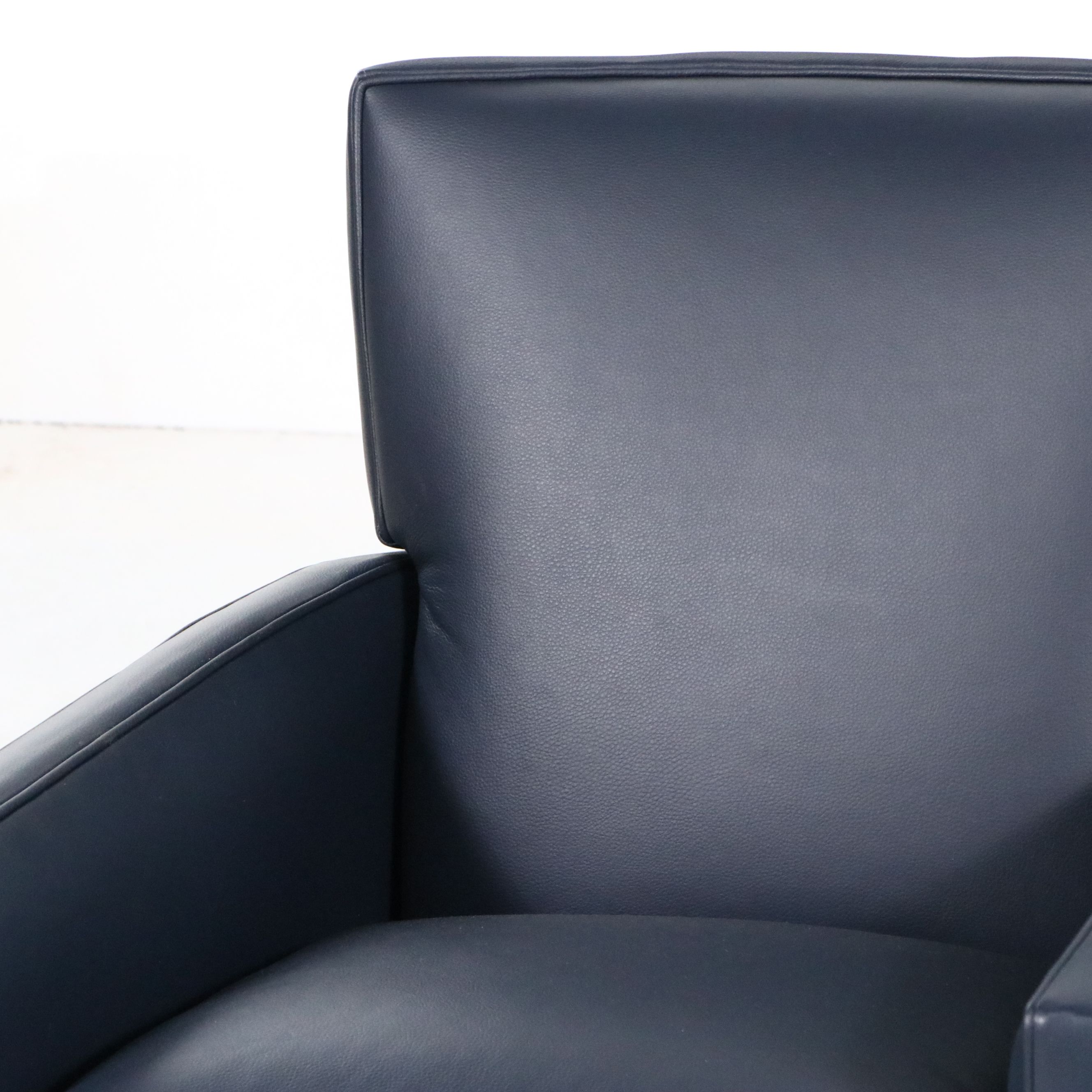 Pair of Arhaus "Tribeca Navy" Leather Upholstered Swivel Recliners