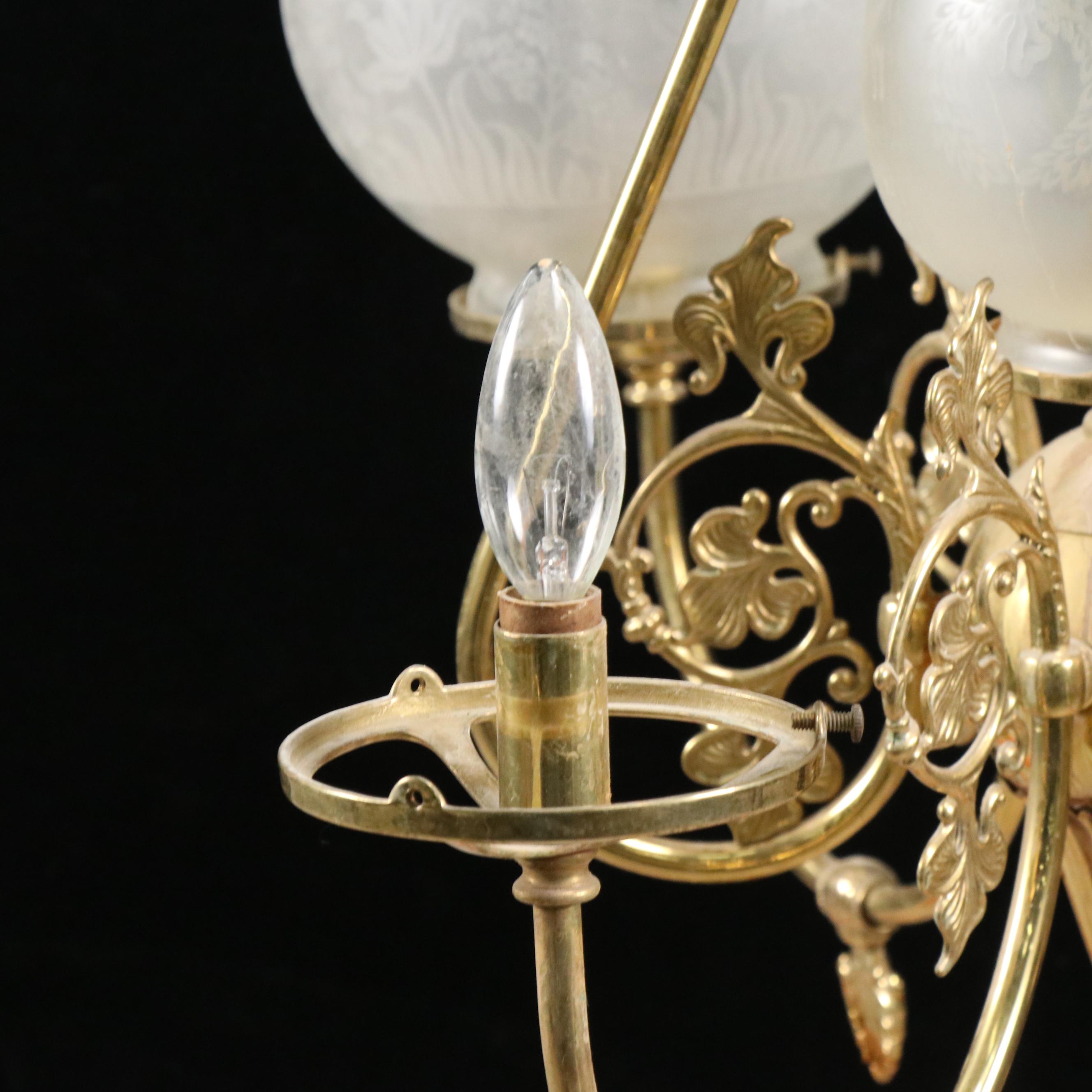 Brass Finish Etched Glass Electric Chandelier