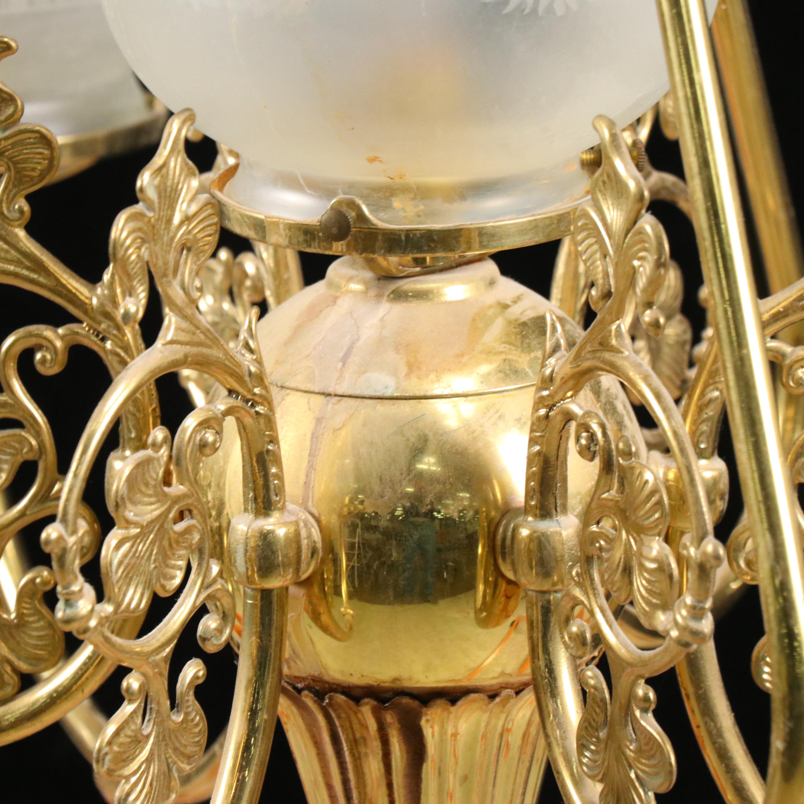 Brass Finish Etched Glass Electric Chandelier