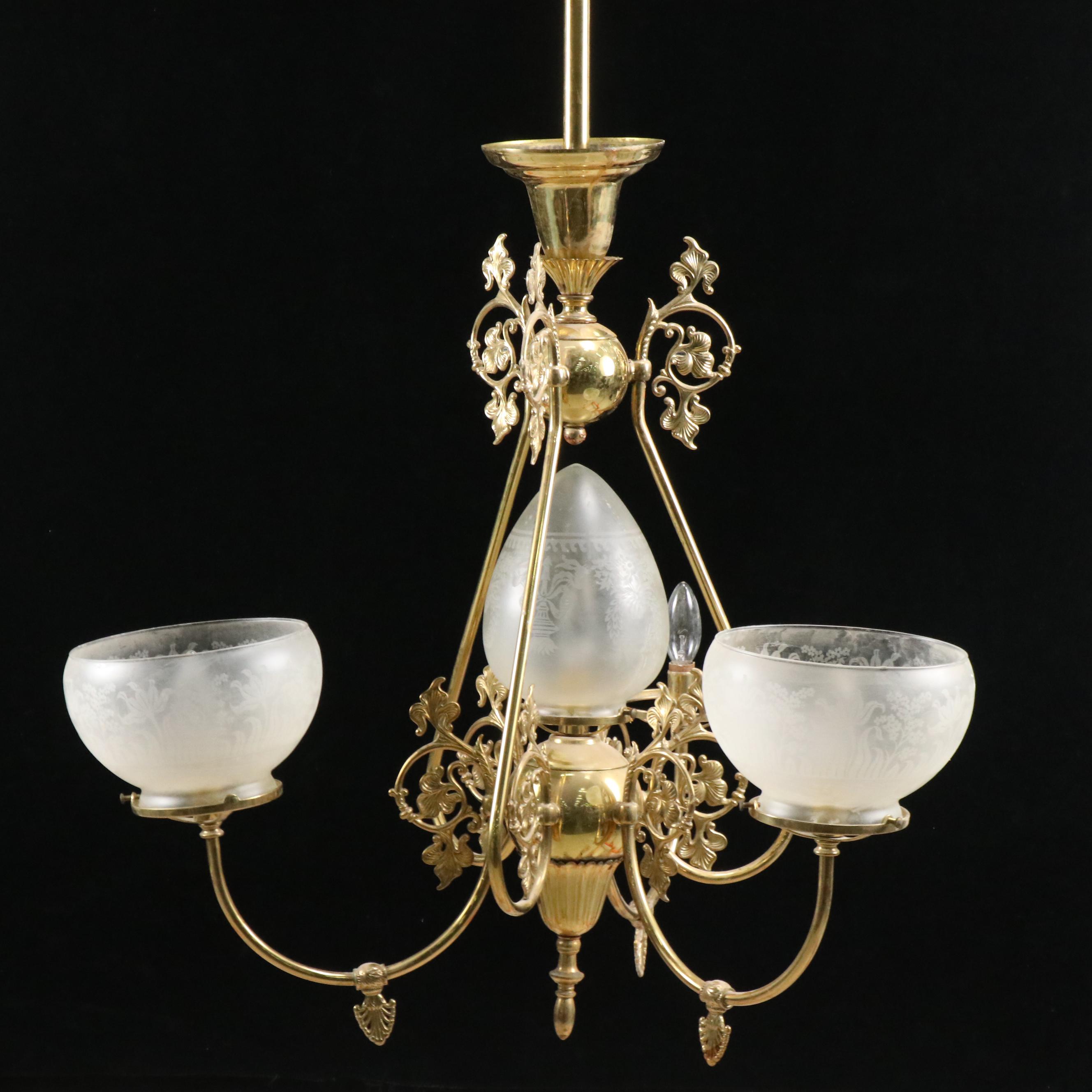 Brass Finish Etched Glass Electric Chandelier