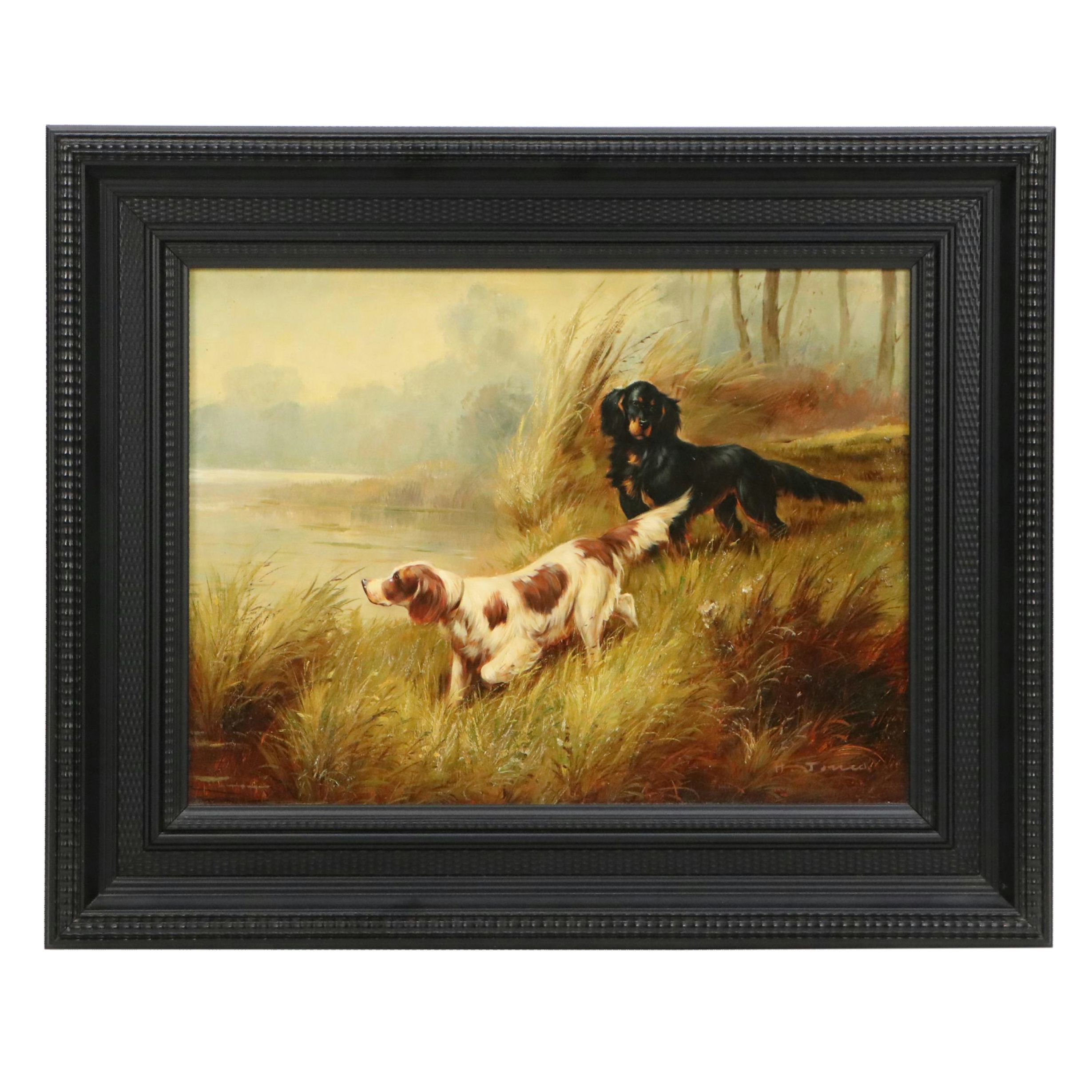 Oil Painting of English Setters in Hunting Scene, 20th Century