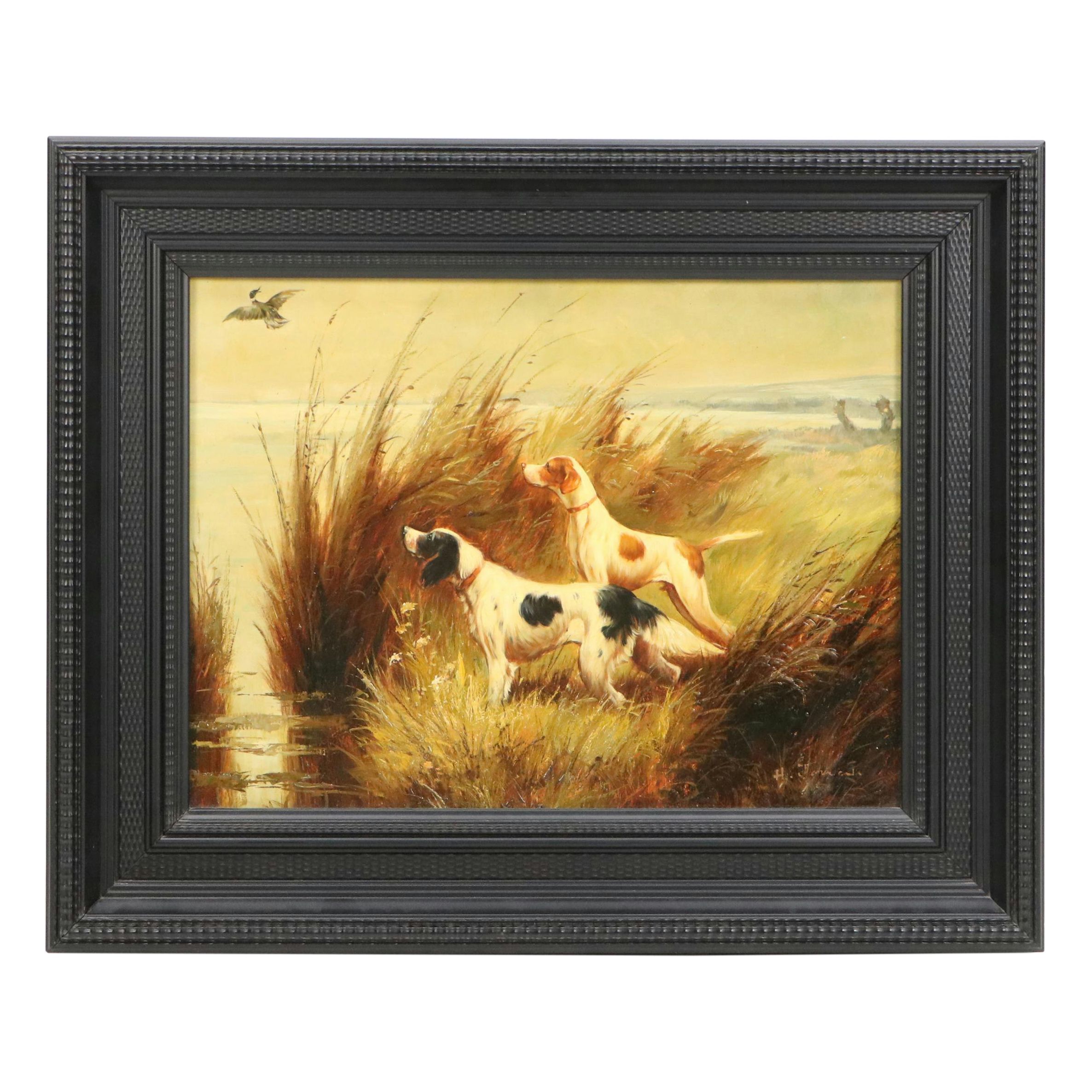 Oil Painting After Eugene Petit "Pointers in Landscape," 20th century