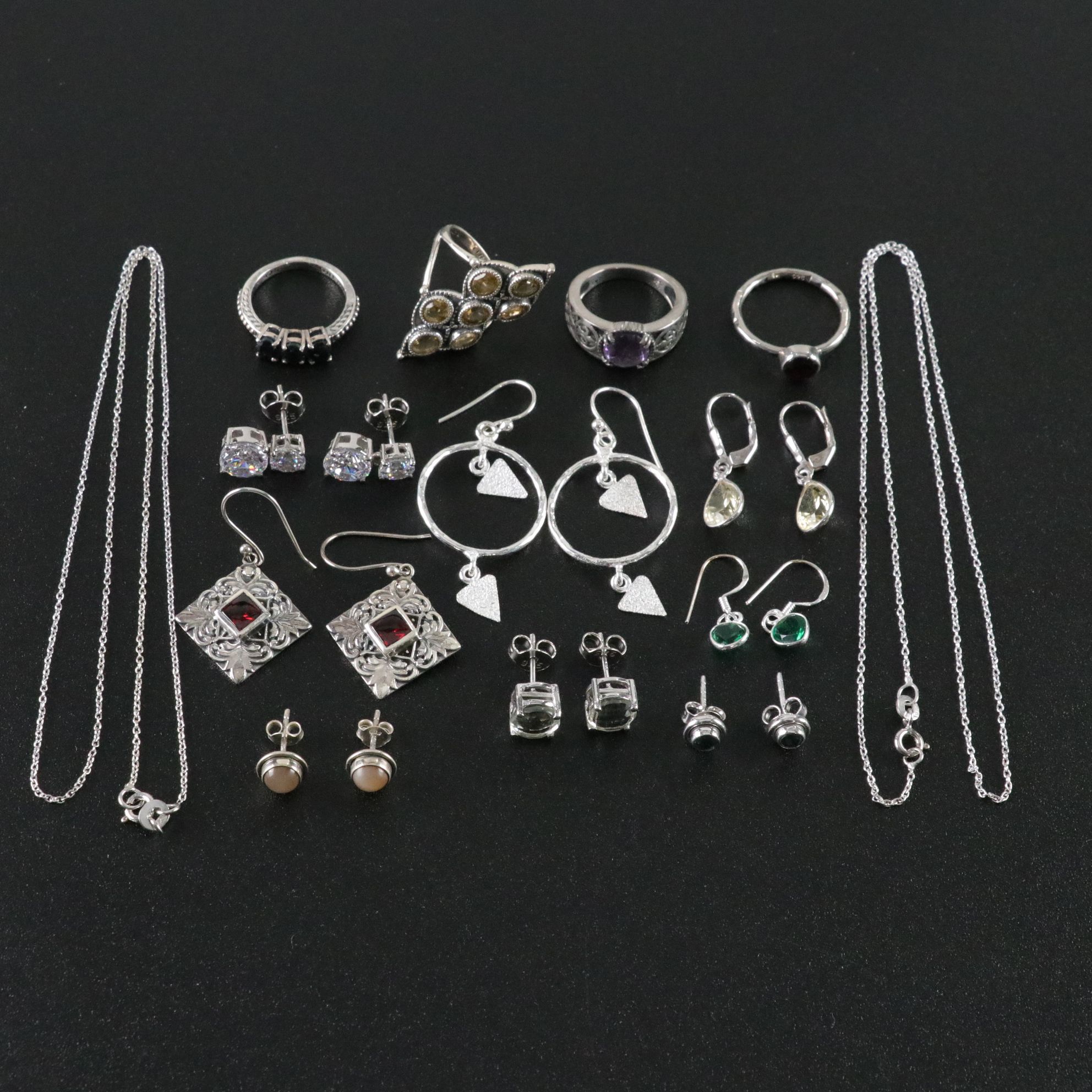 14 Assorted Sterling Silver Rings, Necklaces and Earrings