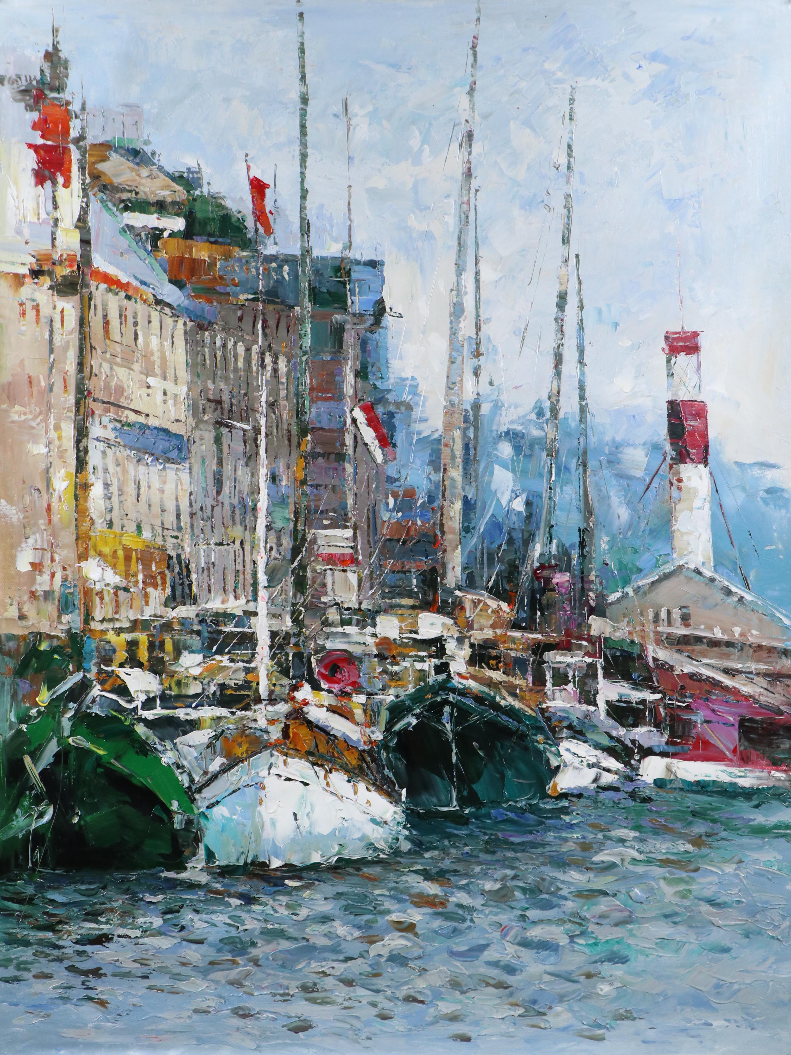 Ping Expressionistic Style Oil Painting of Port Scene, 21st Century