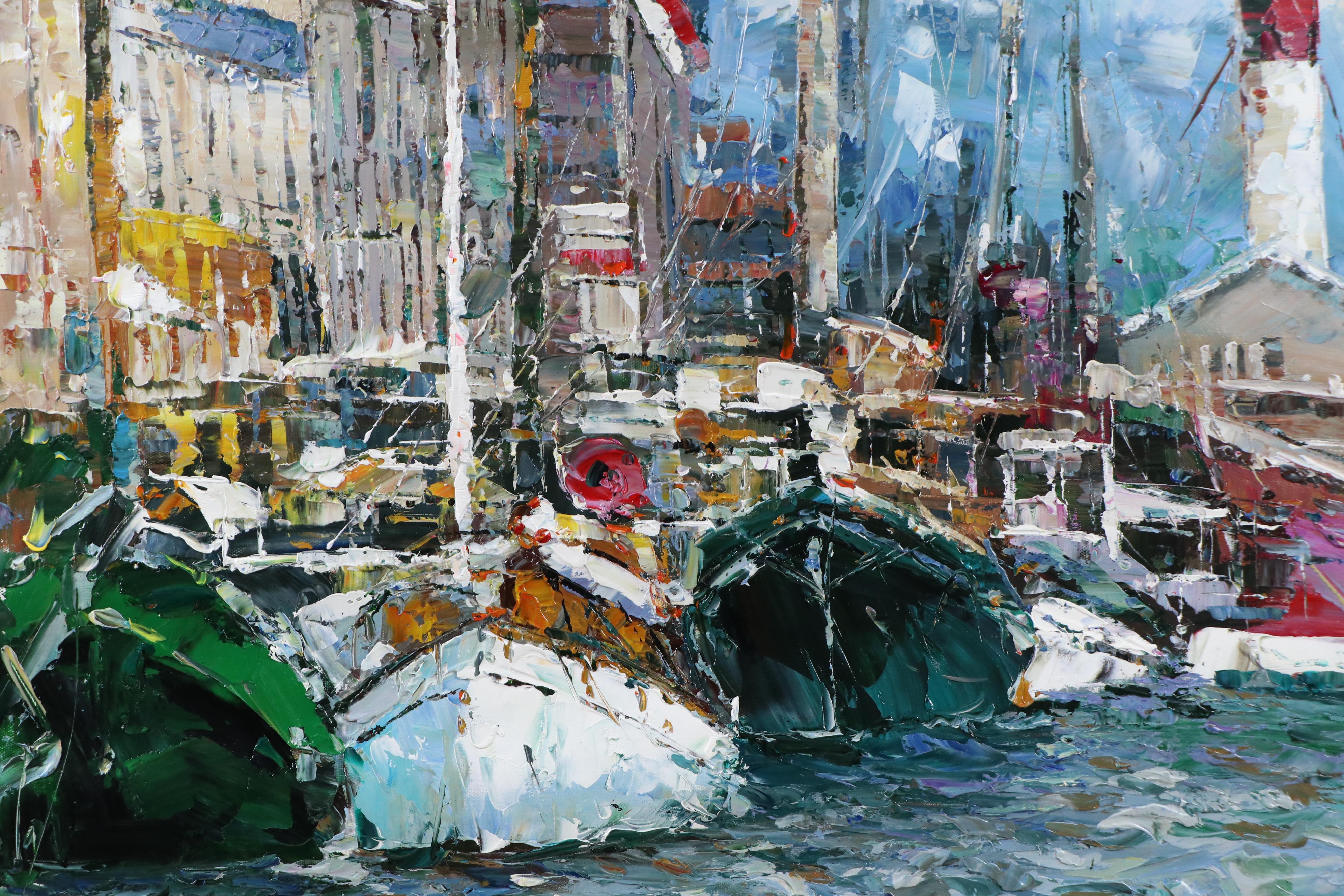 Ping Expressionistic Style Oil Painting of Port Scene, 21st Century