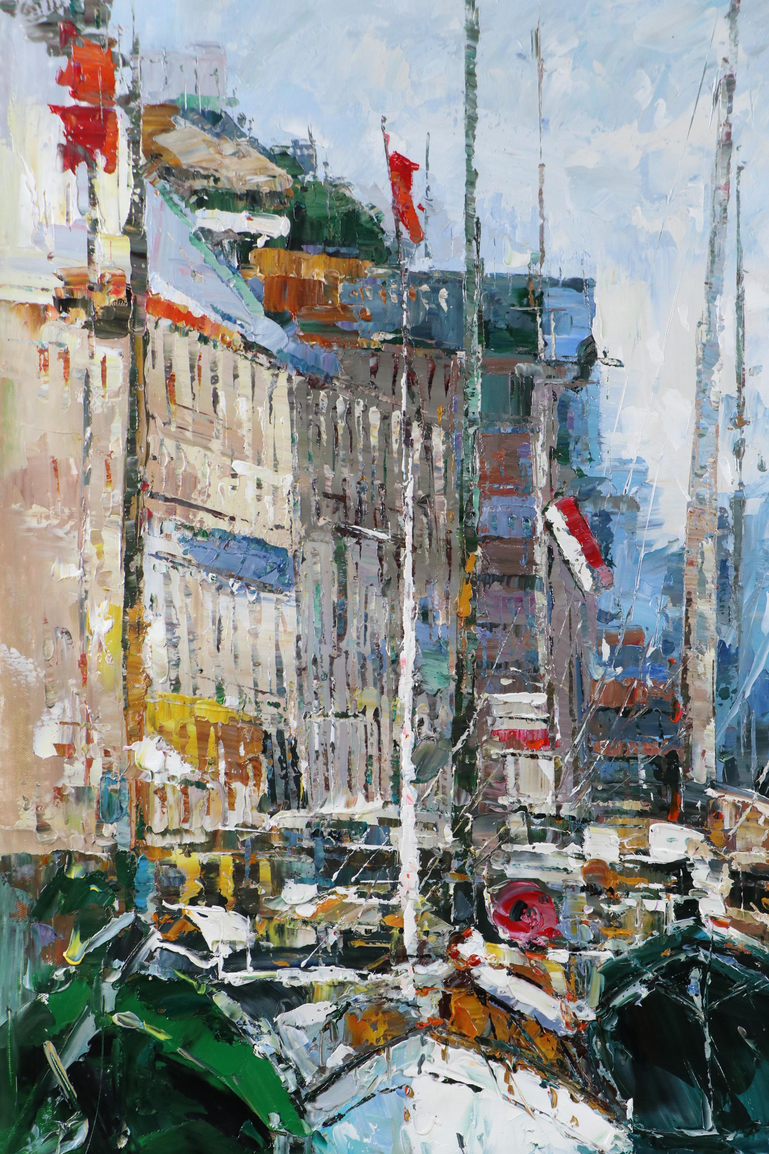 Ping Expressionistic Style Oil Painting of Port Scene, 21st Century