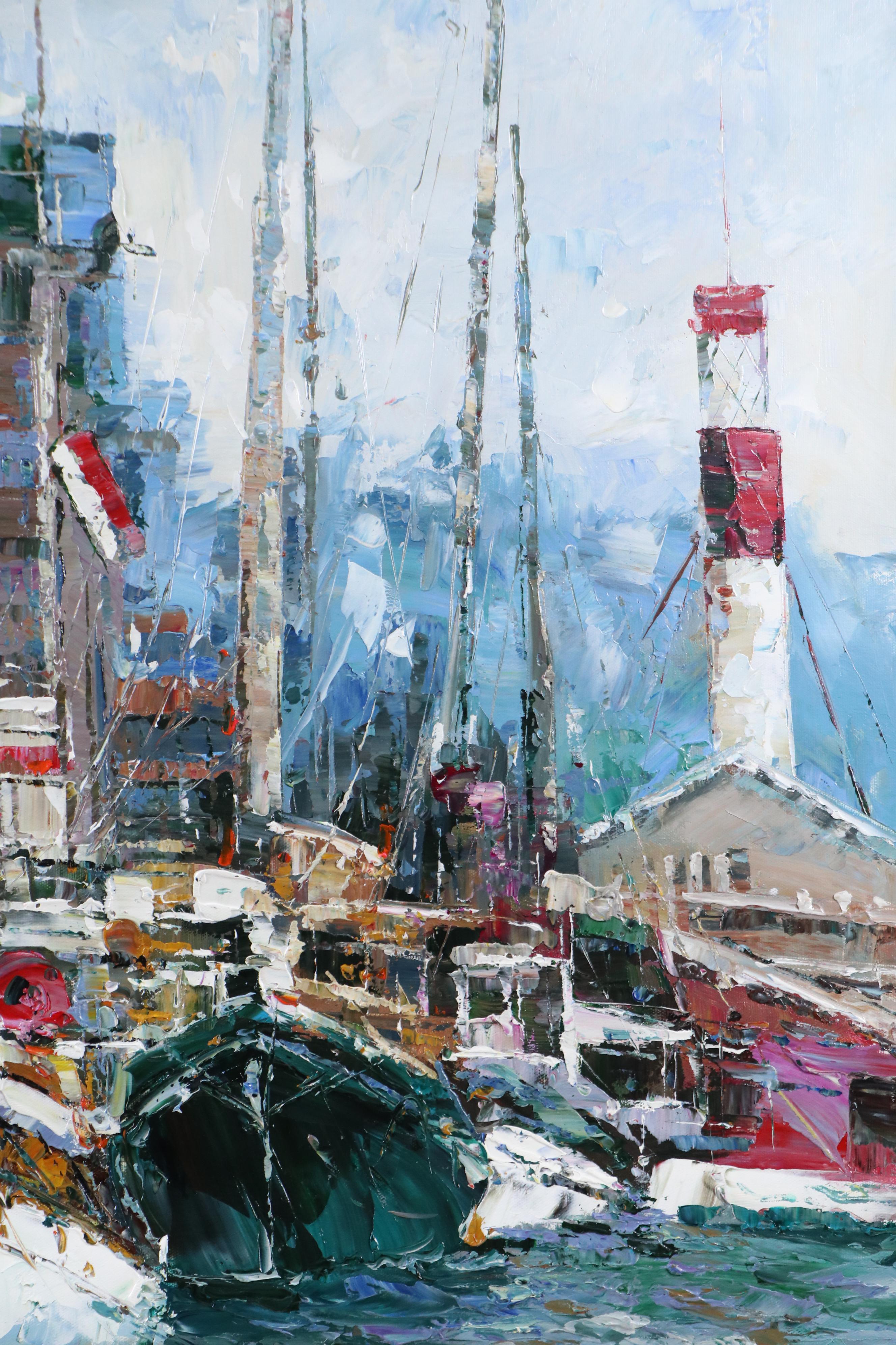Ping Expressionistic Style Oil Painting of Port Scene, 21st Century