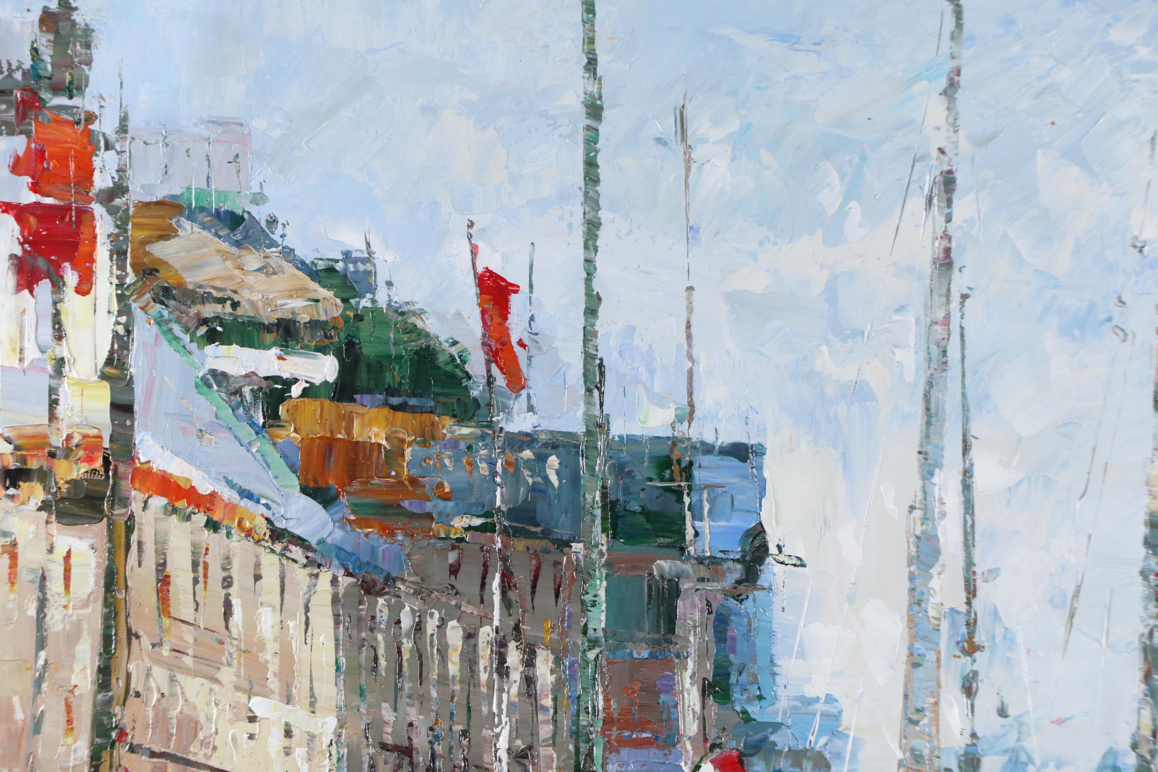 Ping Expressionistic Style Oil Painting of Port Scene, 21st Century