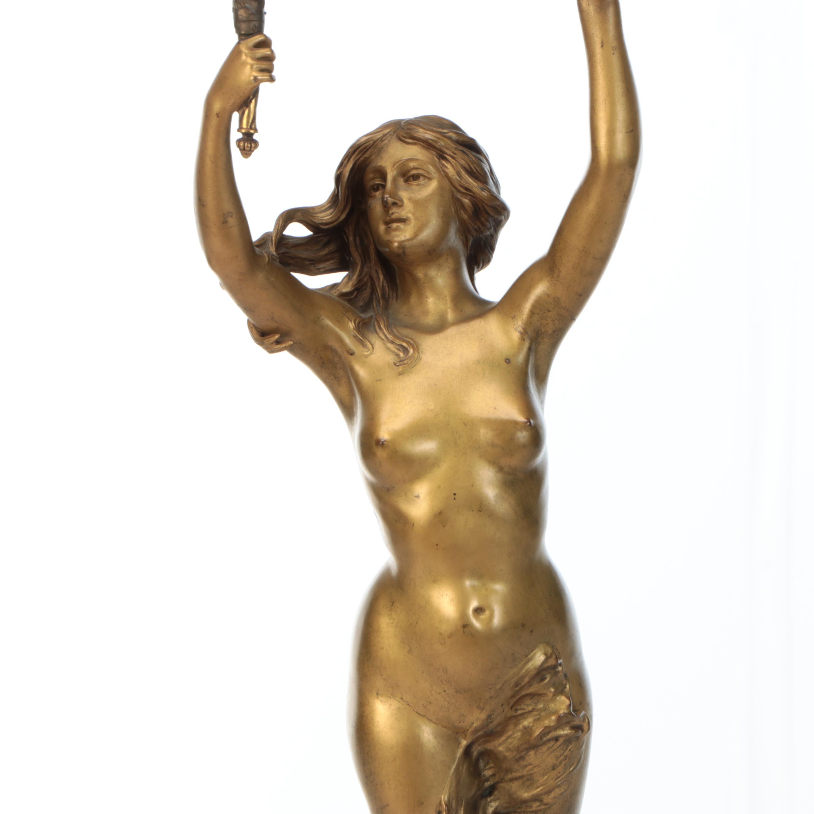 Art Nouveau After Léon Cunisset "L'Aurore du XXème Siècle" Figural Table Lamp