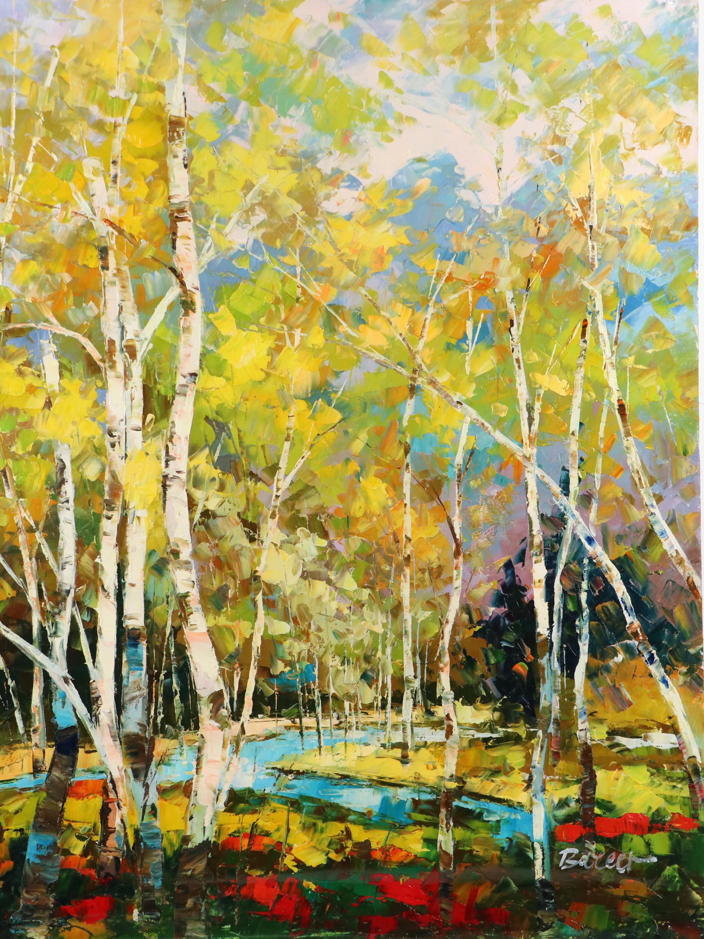 Expressionistic Style Oil Painting of Birch Trees, 21st Century