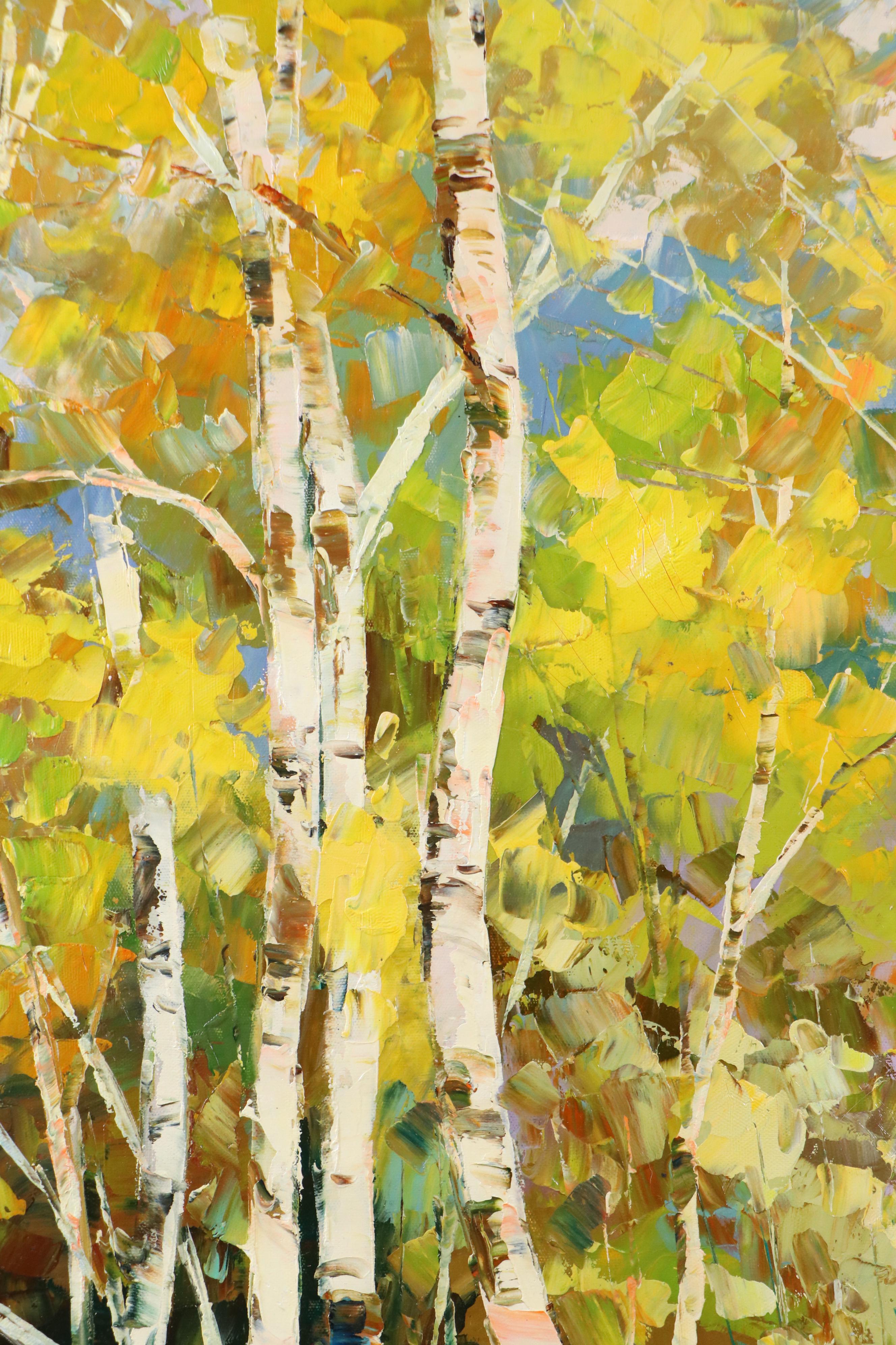 Expressionistic Style Oil Painting of Birch Trees, 21st Century