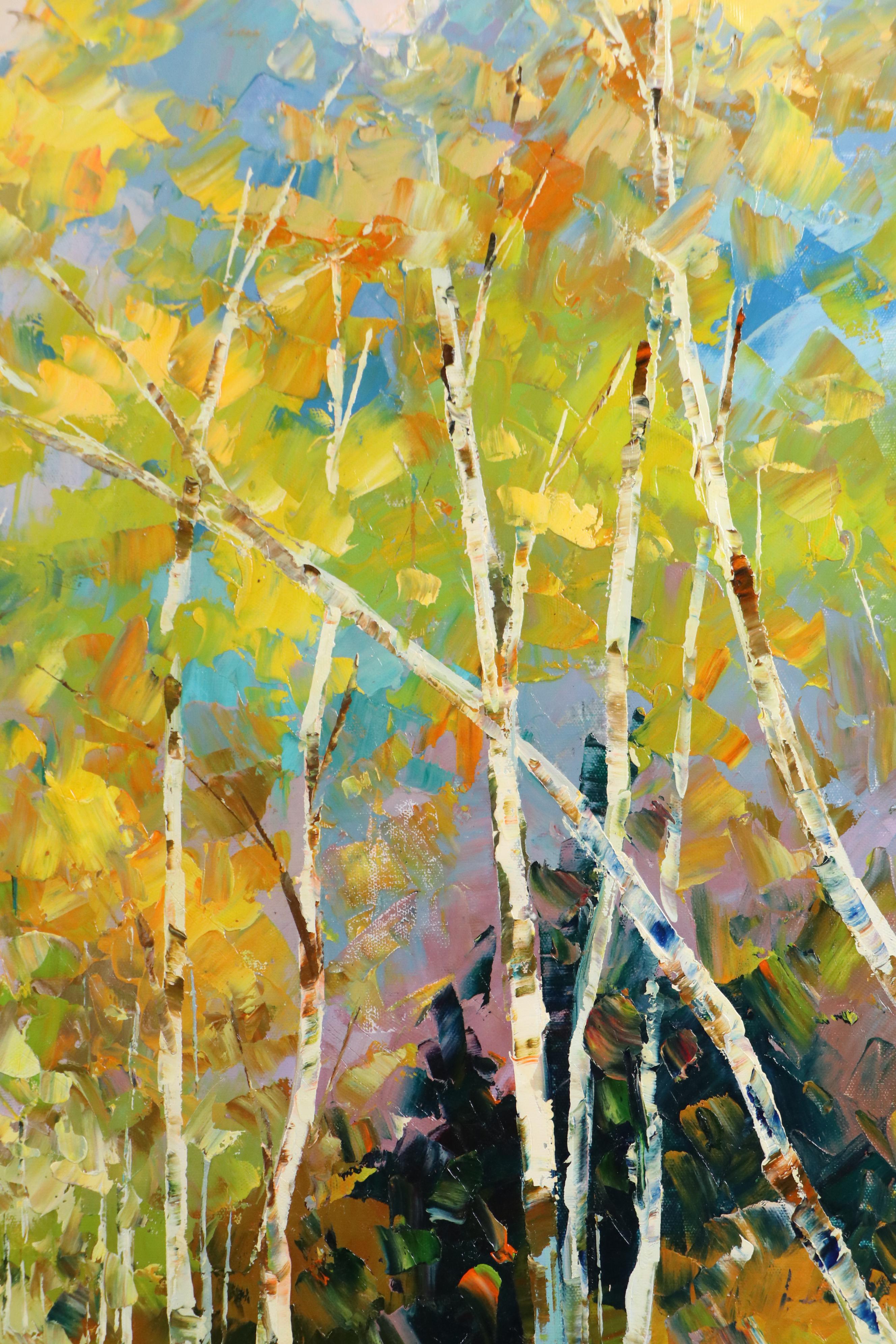 Expressionistic Style Oil Painting of Birch Trees, 21st Century