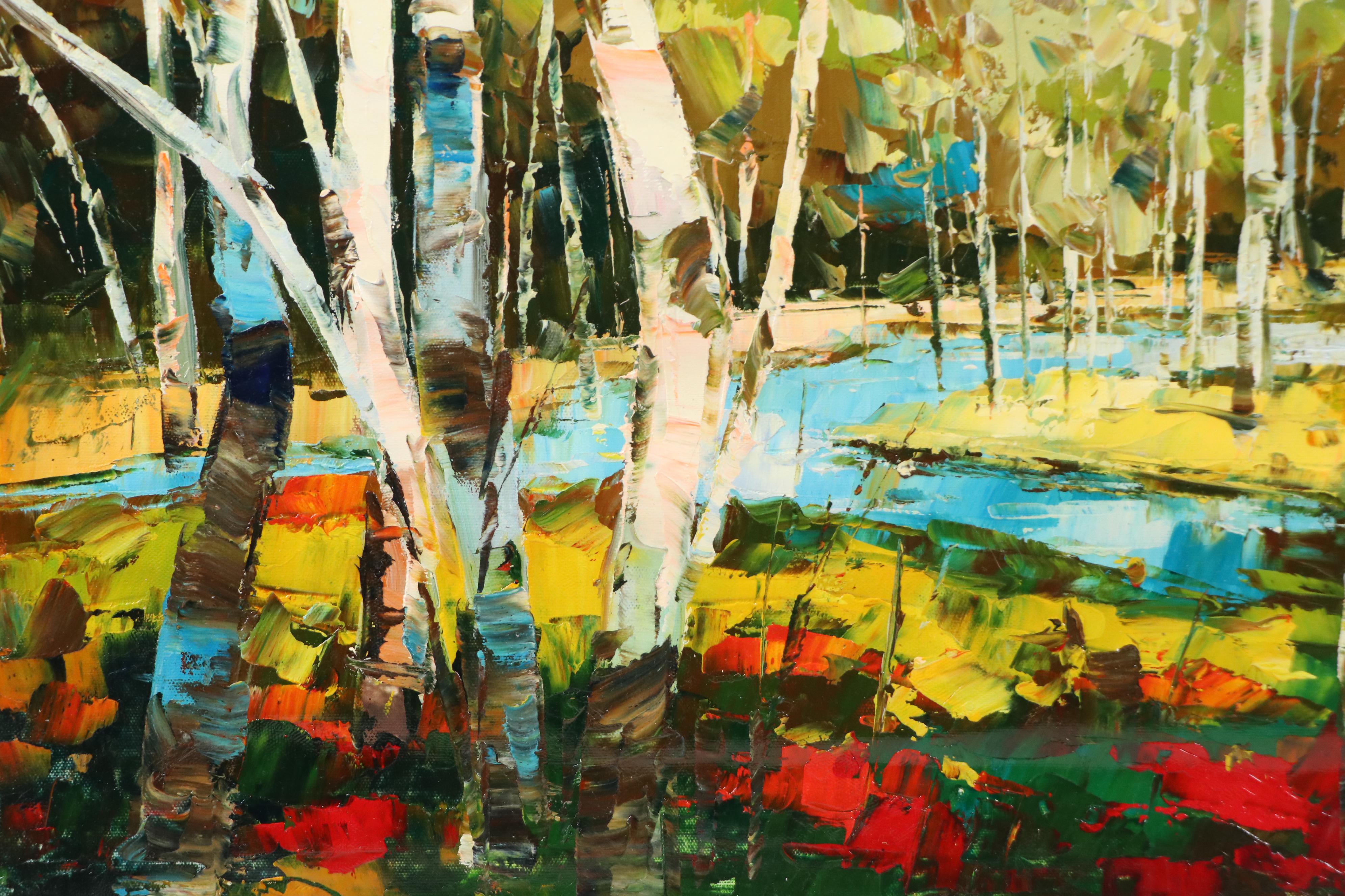 Expressionistic Style Oil Painting of Birch Trees, 21st Century