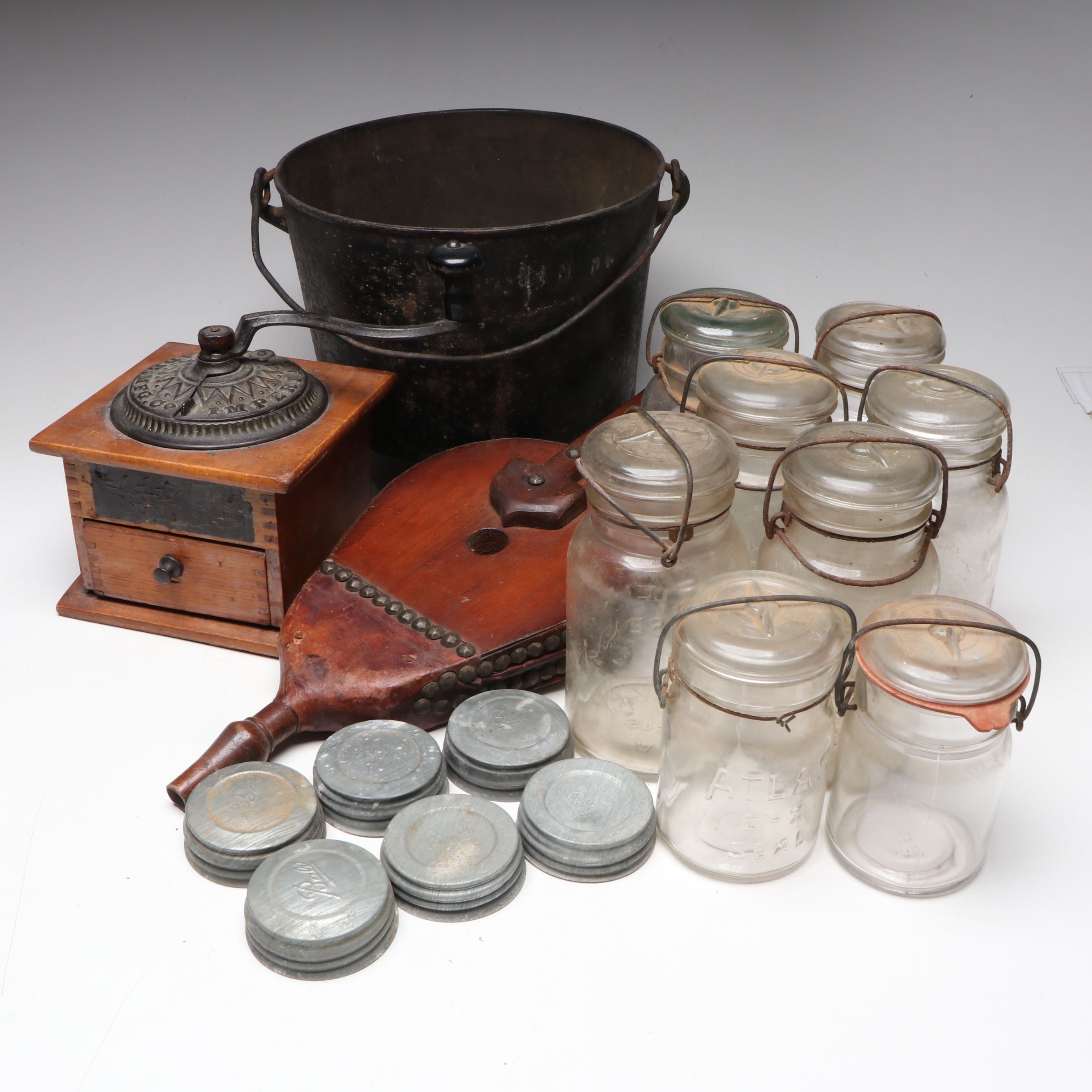 Imperial Arcade Coffee Grinder with Atlas Jars and Antique Fireplace Accessories
