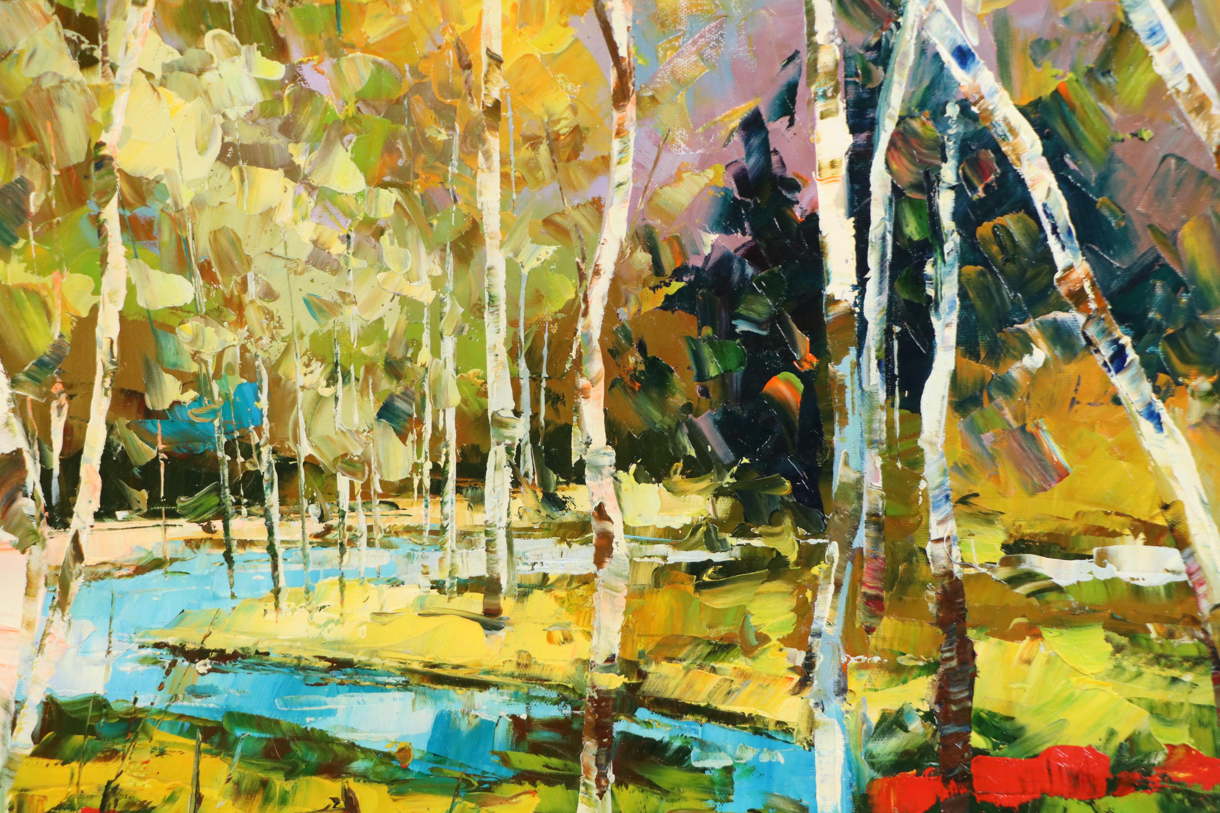 Expressionistic Style Oil Painting of Birch Trees, 21st Century