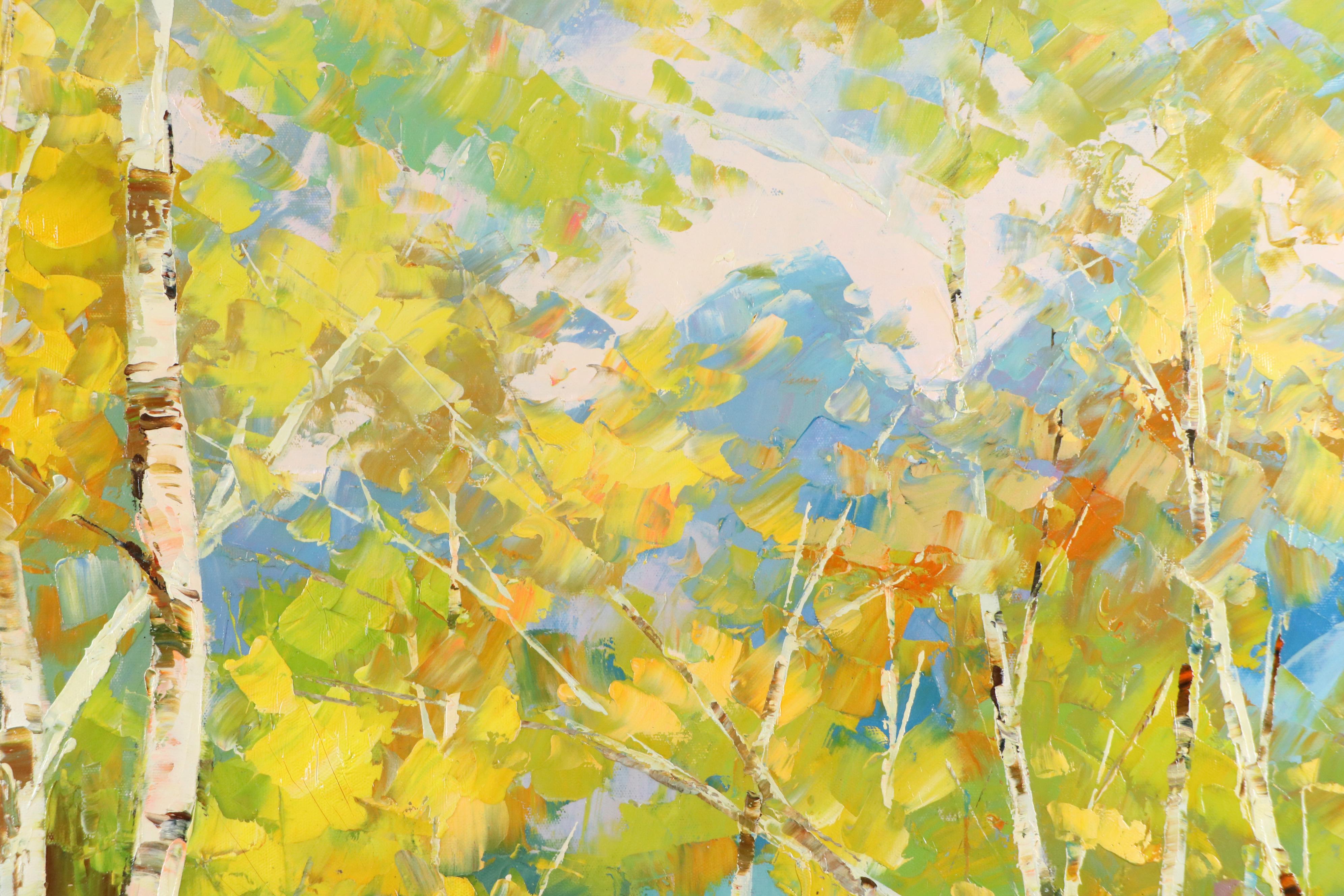 Expressionistic Style Oil Painting of Birch Trees, 21st Century
