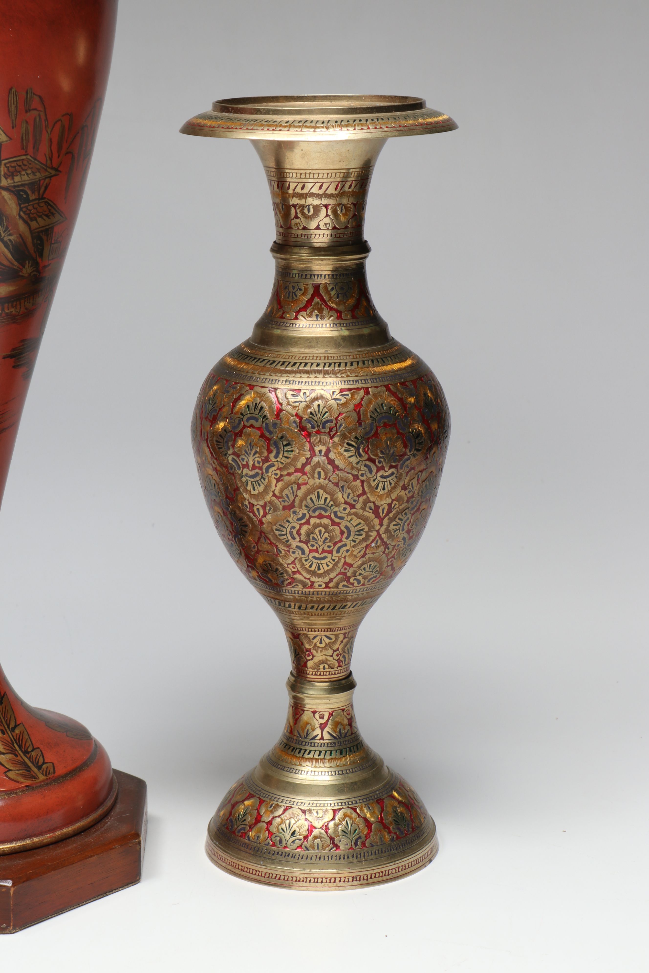 Enameled Brass and East Asian Hand-Painted Metal Vases with Wood Decorative Urn
