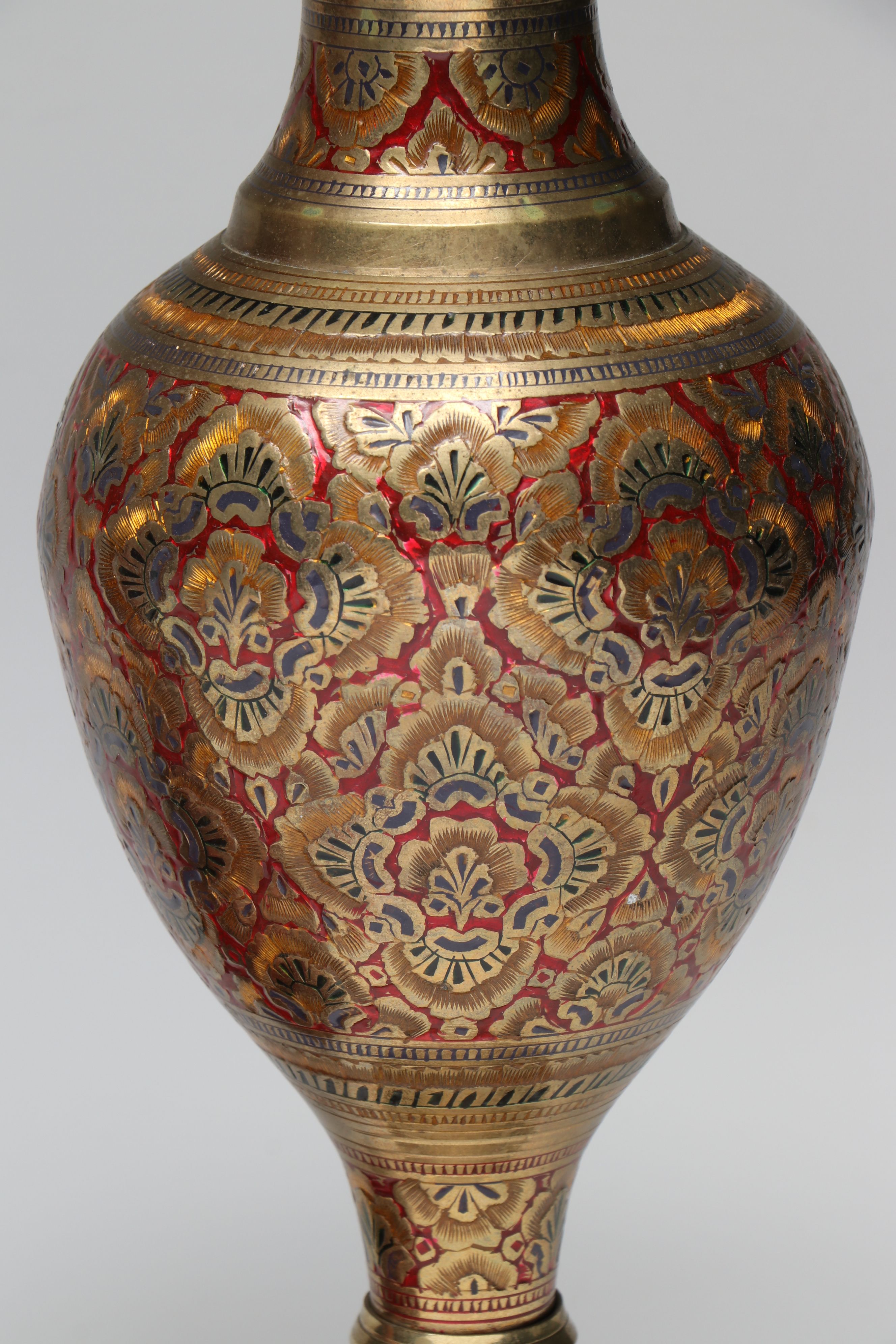 Enameled Brass and East Asian Hand-Painted Metal Vases with Wood Decorative Urn