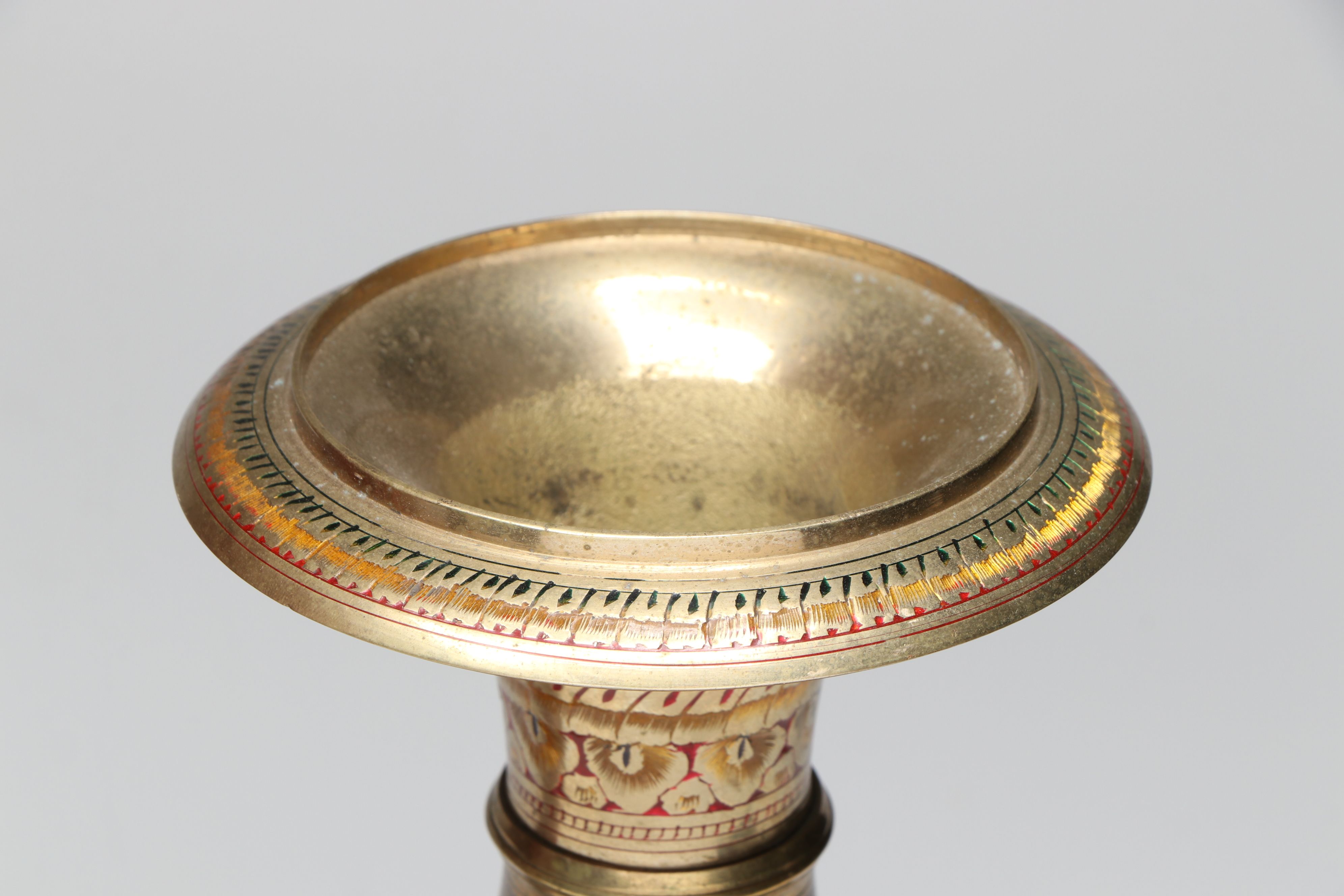 Enameled Brass and East Asian Hand-Painted Metal Vases with Wood Decorative Urn