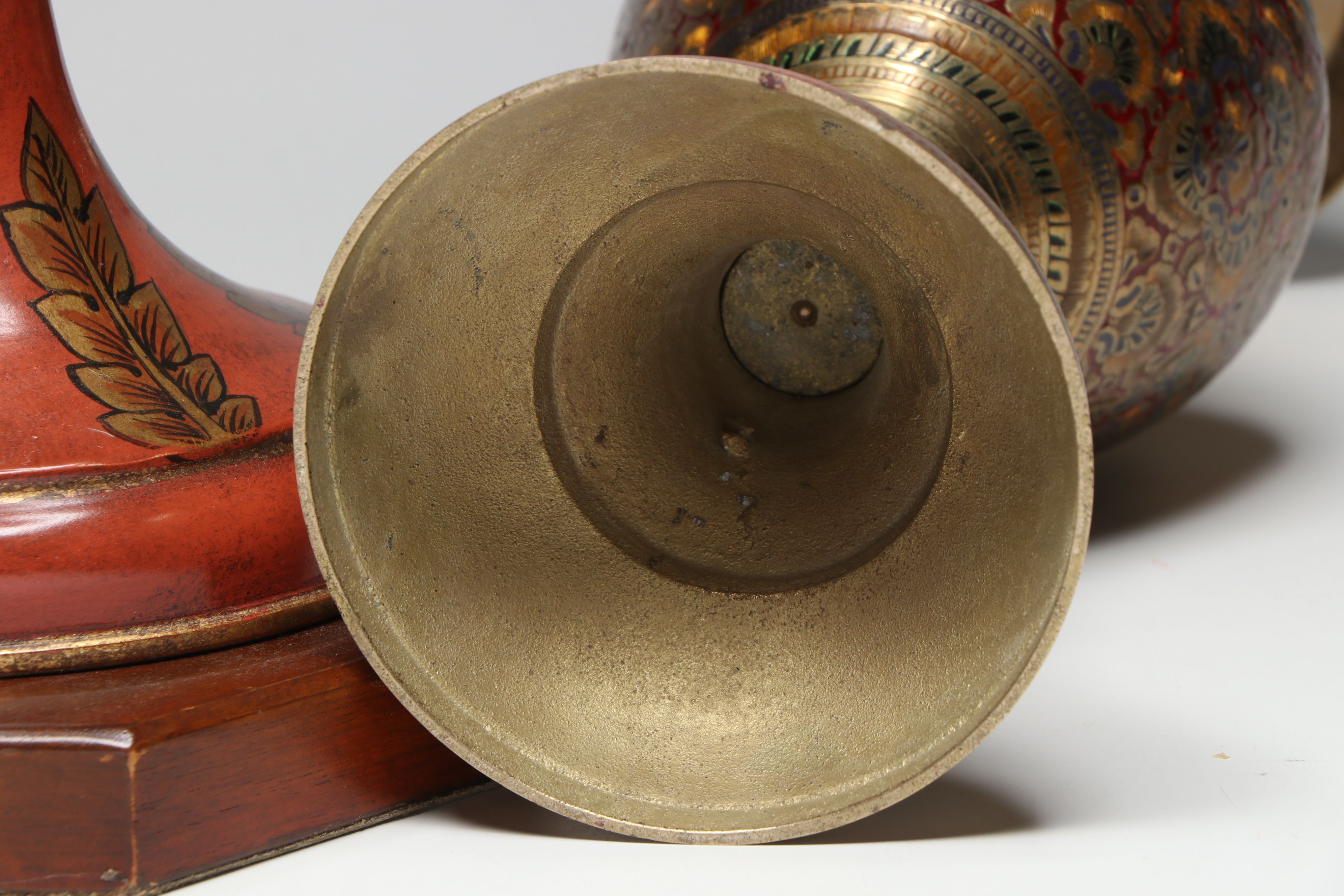 Enameled Brass and East Asian Hand-Painted Metal Vases with Wood Decorative Urn