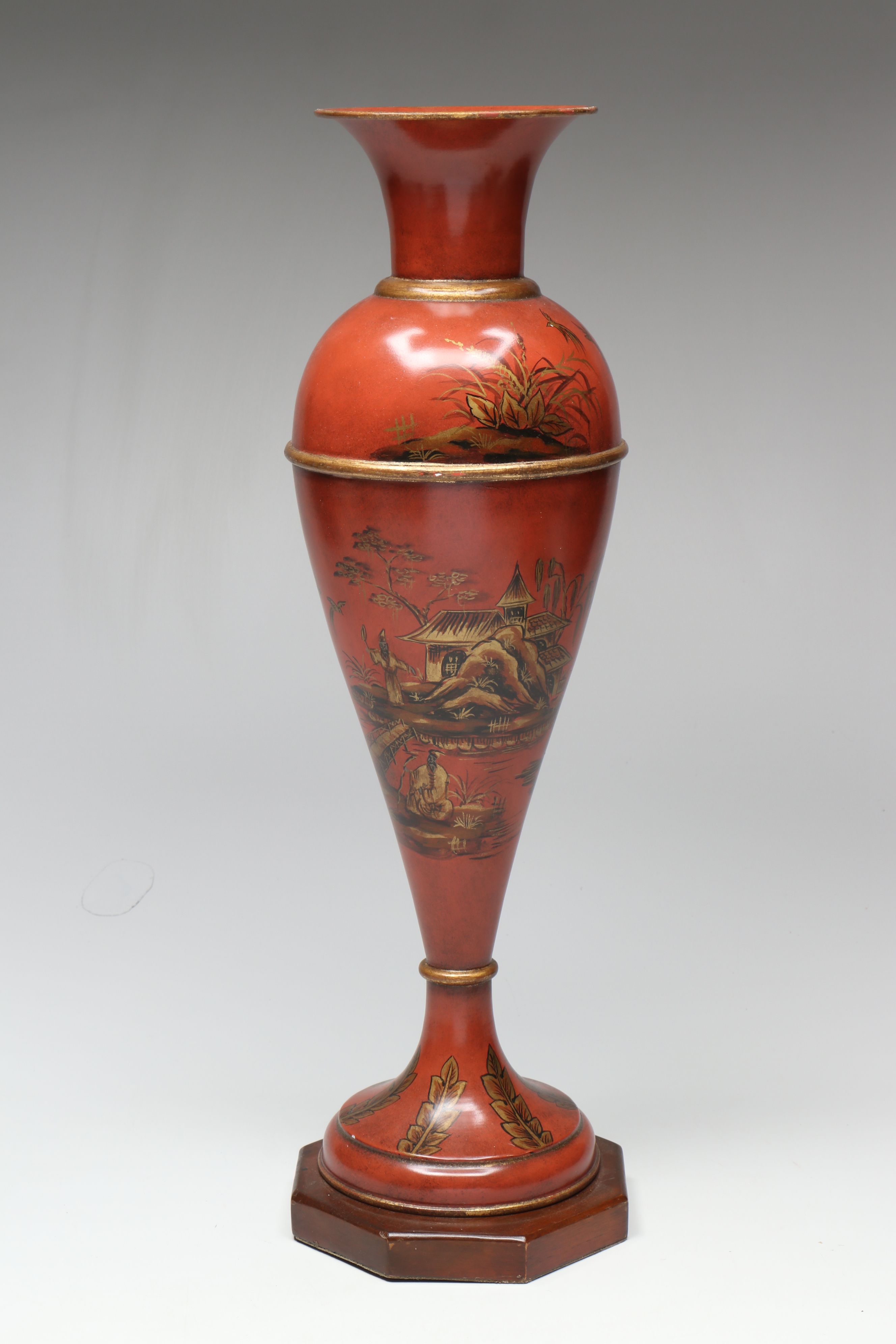 Enameled Brass and East Asian Hand-Painted Metal Vases with Wood Decorative Urn