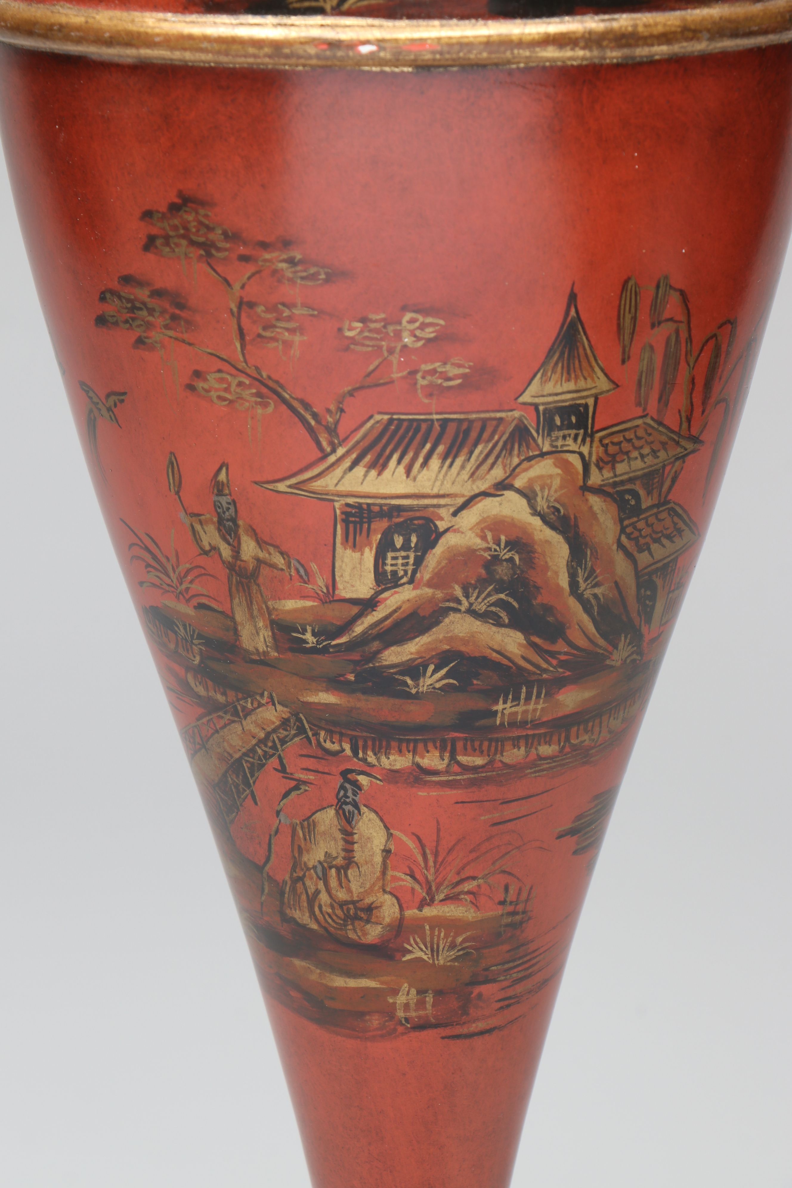 Enameled Brass and East Asian Hand-Painted Metal Vases with Wood Decorative Urn