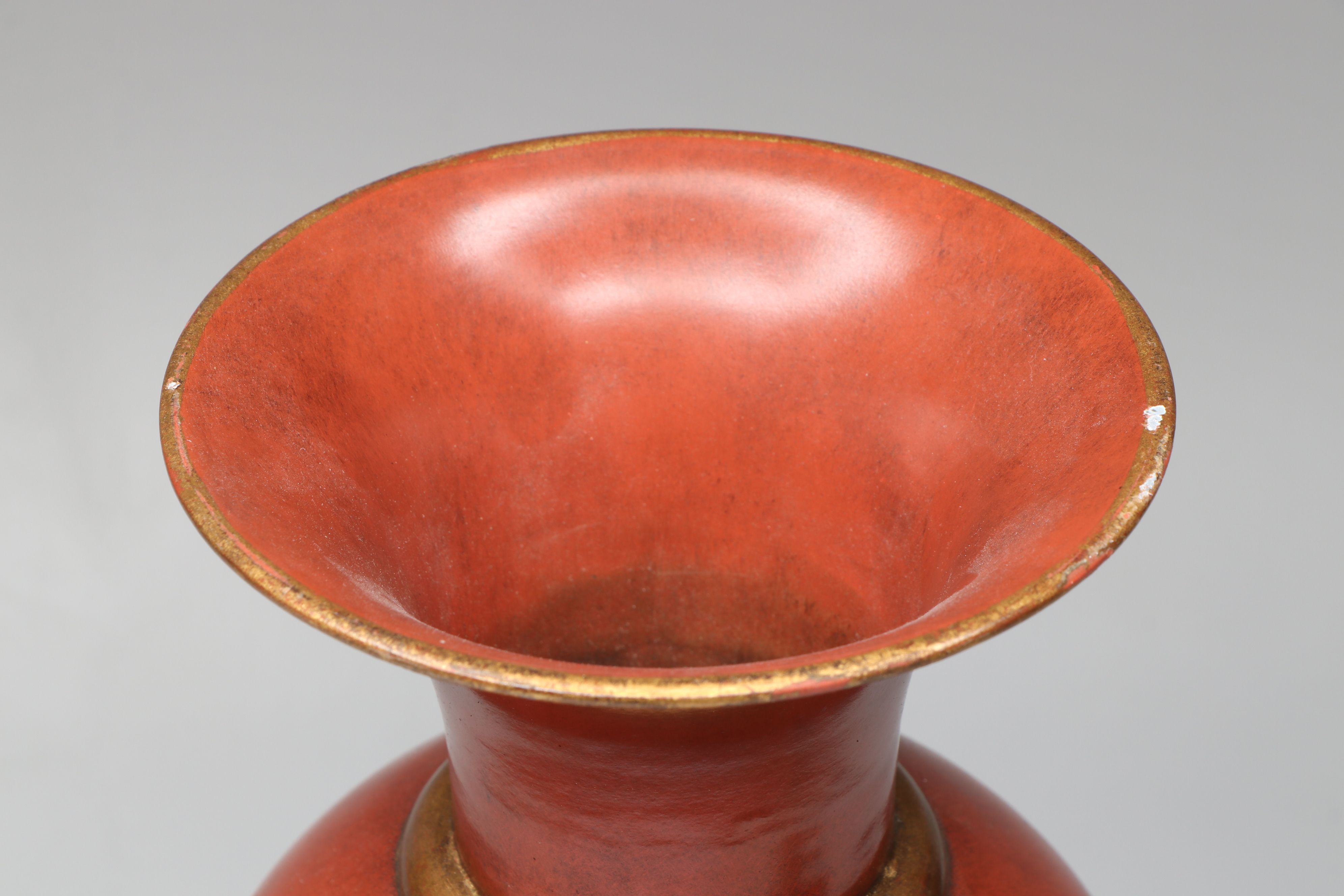 Enameled Brass and East Asian Hand-Painted Metal Vases with Wood Decorative Urn