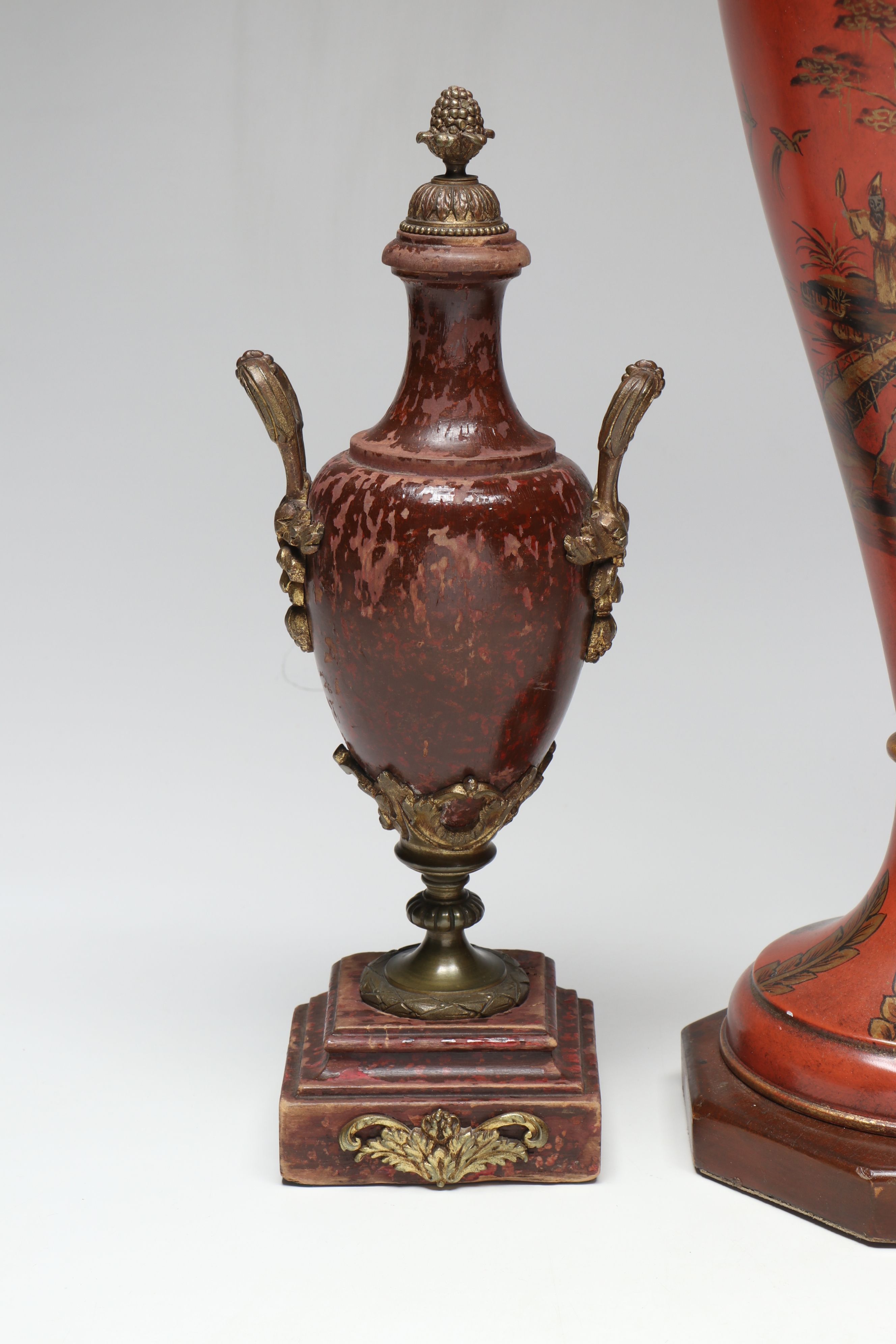 Enameled Brass and East Asian Hand-Painted Metal Vases with Wood Decorative Urn