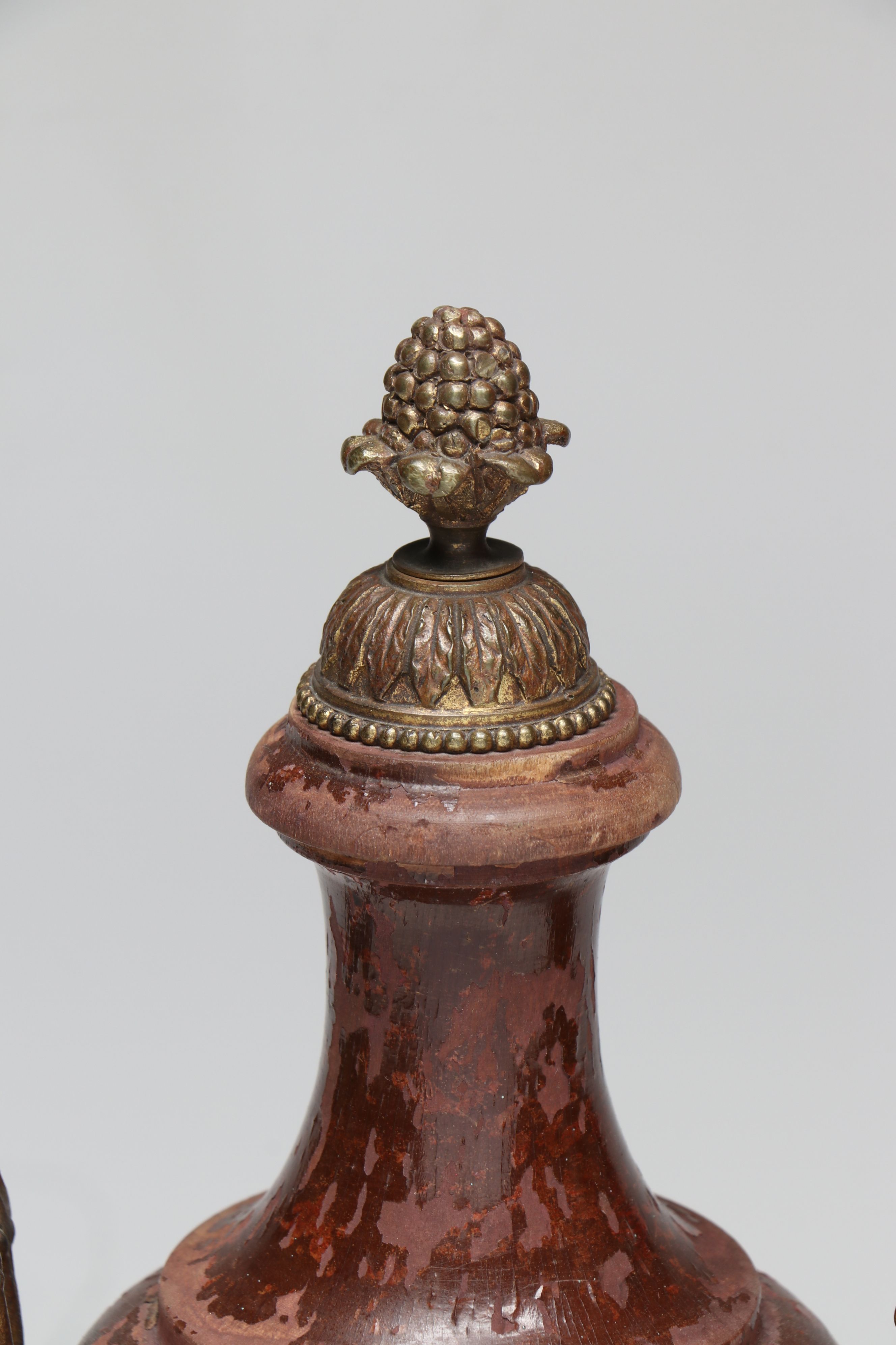 Enameled Brass and East Asian Hand-Painted Metal Vases with Wood Decorative Urn