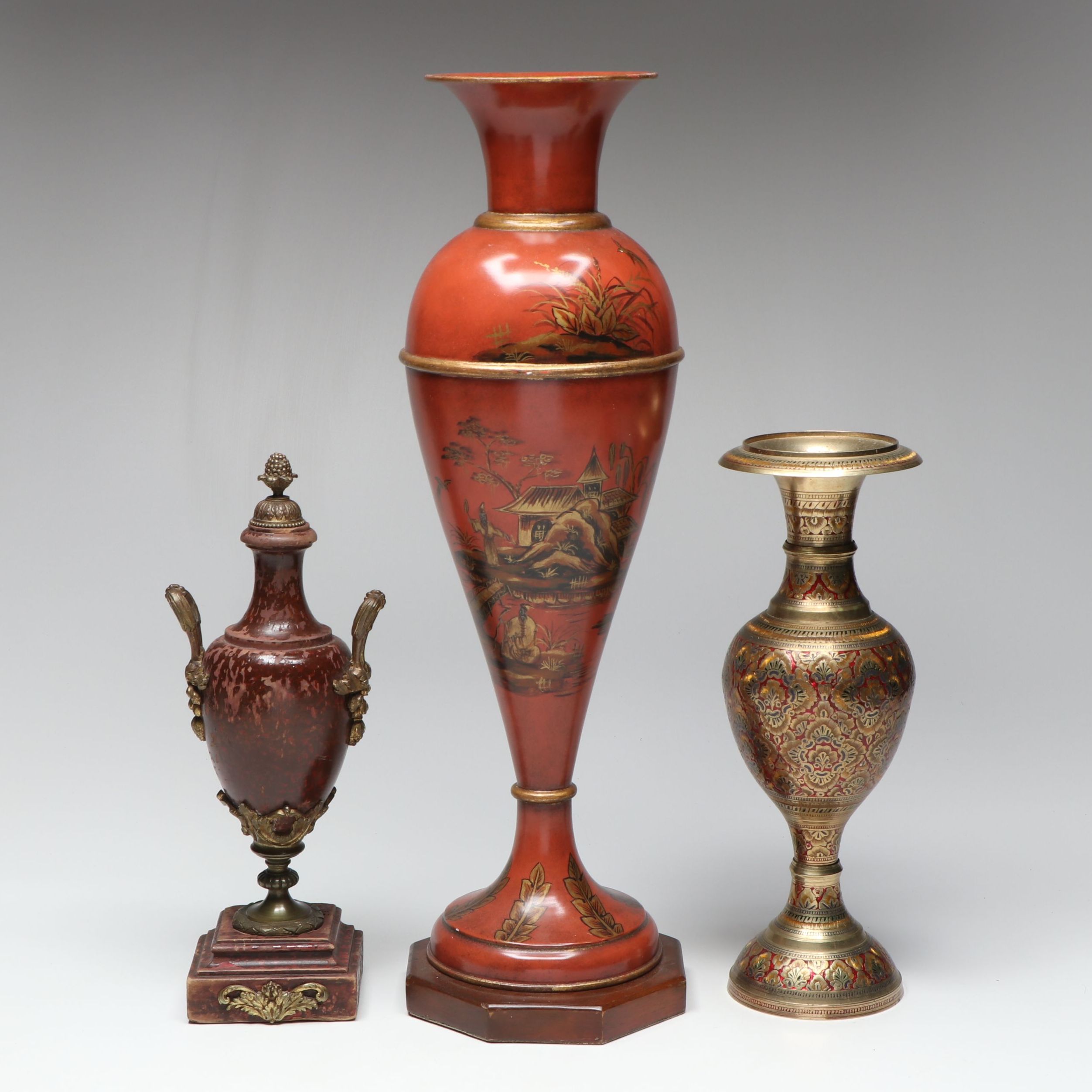 Enameled Brass and East Asian Hand-Painted Metal Vases with Wood Decorative Urn