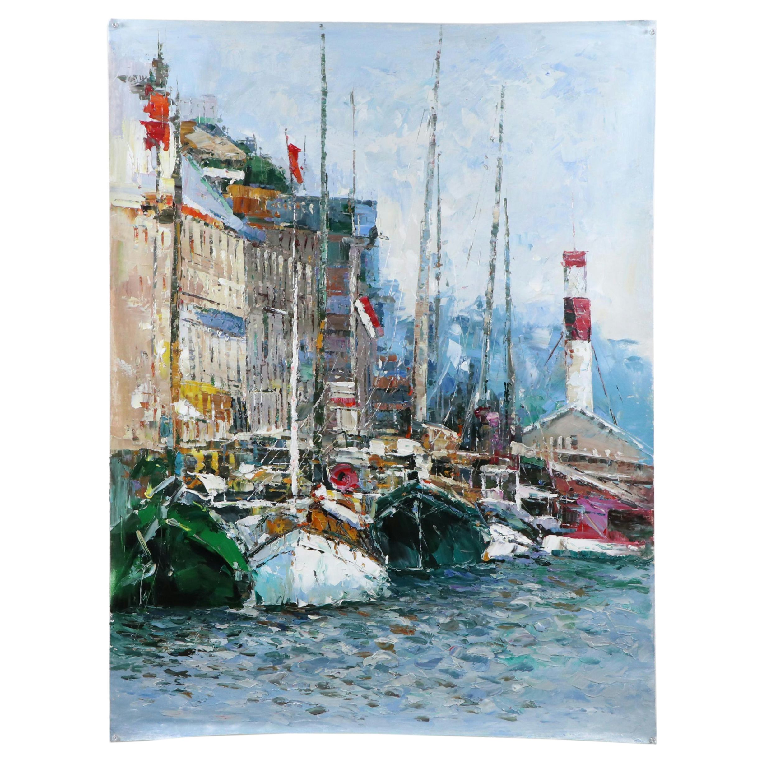 Ping Expressionistic Style Oil Painting of Port Scene, 21st Century