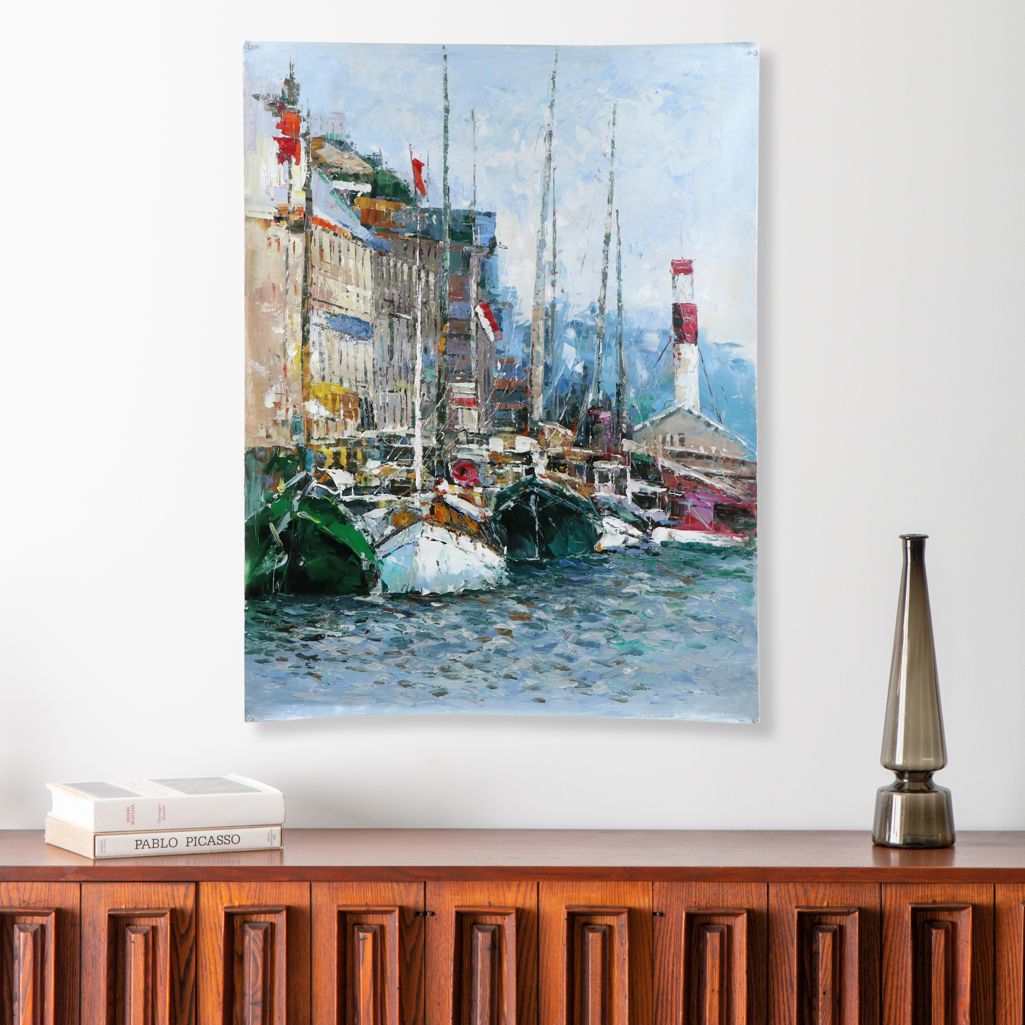 Ping Expressionistic Style Oil Painting of Port Scene, 21st Century