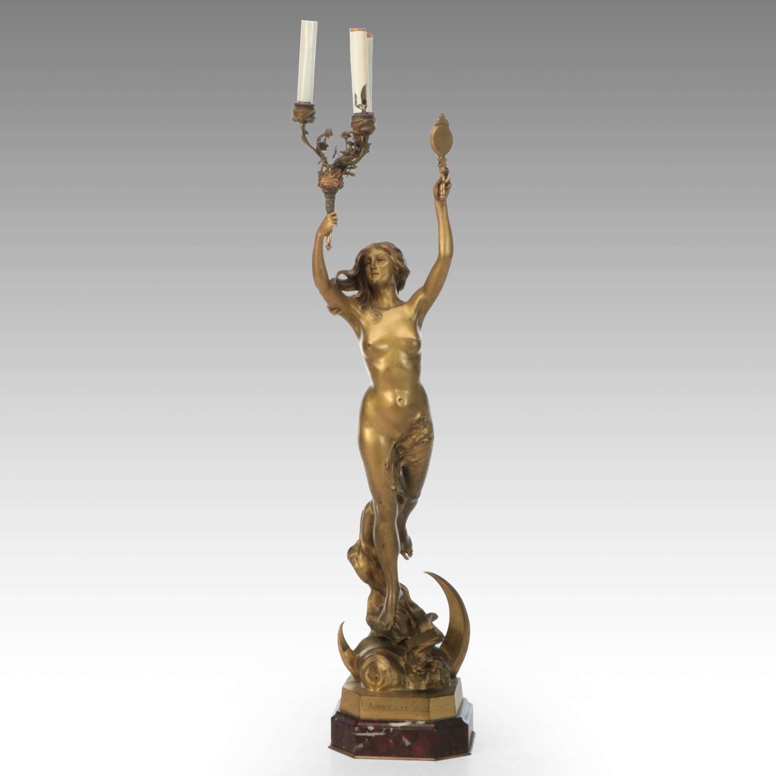 Art Nouveau After Léon Cunisset "L'Aurore du XXème Siècle" Figural Table Lamp