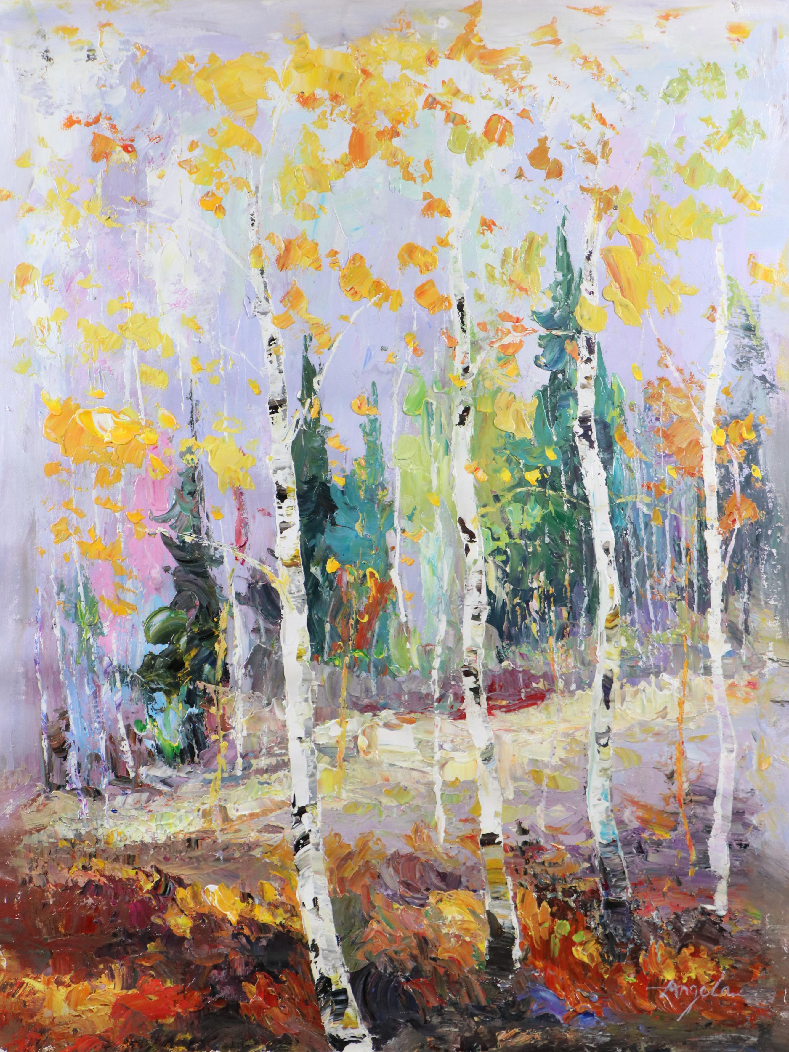 Expressionistic Style Oil Painting of Birch Trees, 21st Century