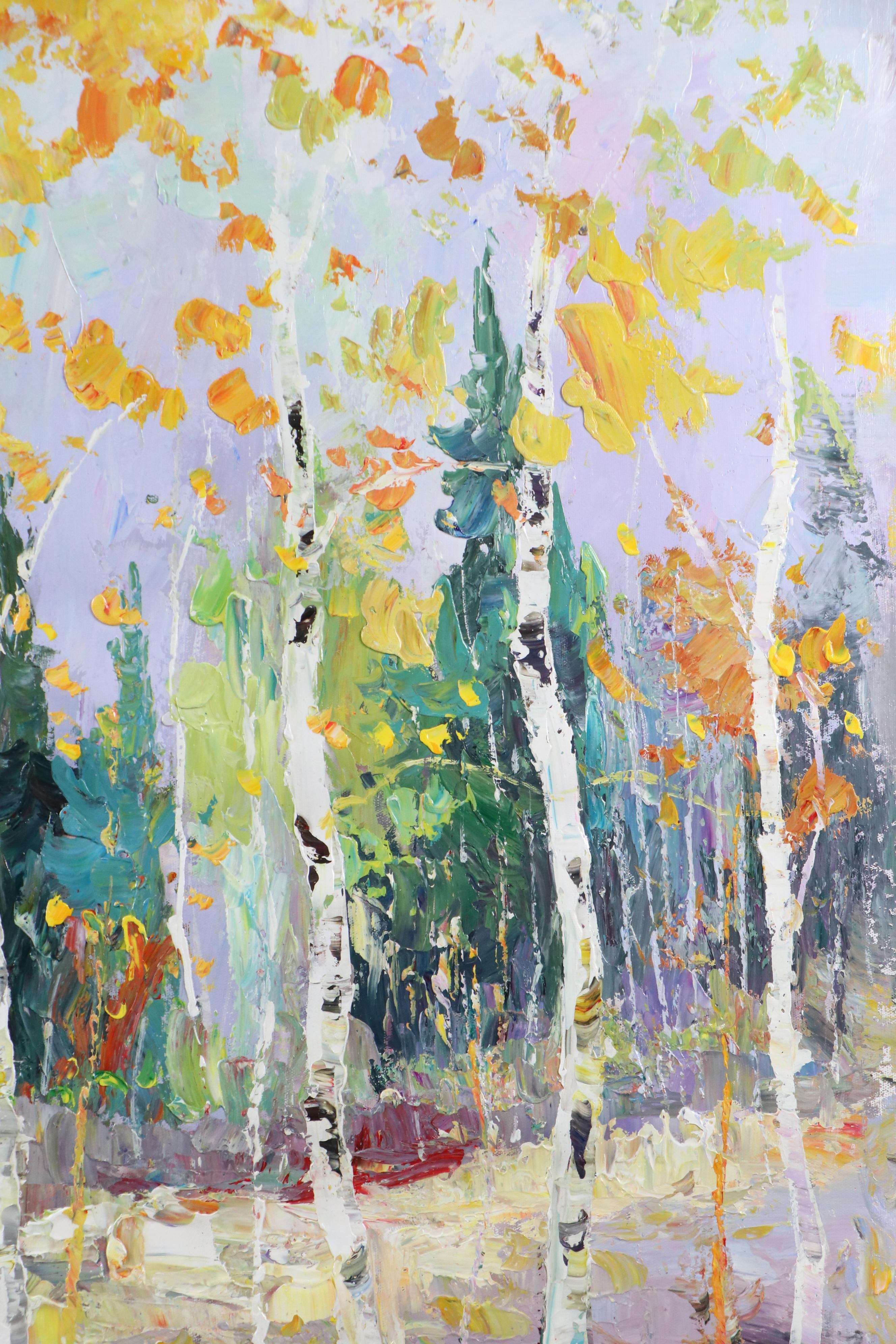 Expressionistic Style Oil Painting of Birch Trees, 21st Century