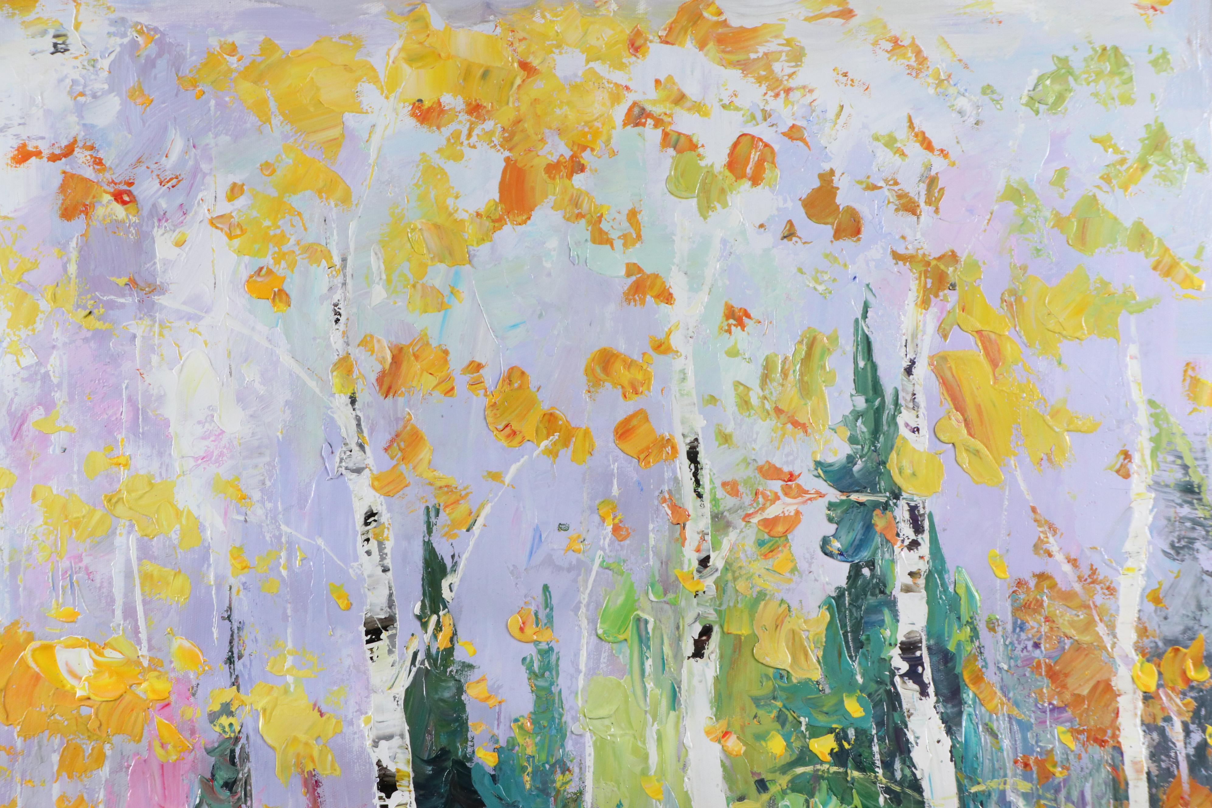 Expressionistic Style Oil Painting of Birch Trees, 21st Century