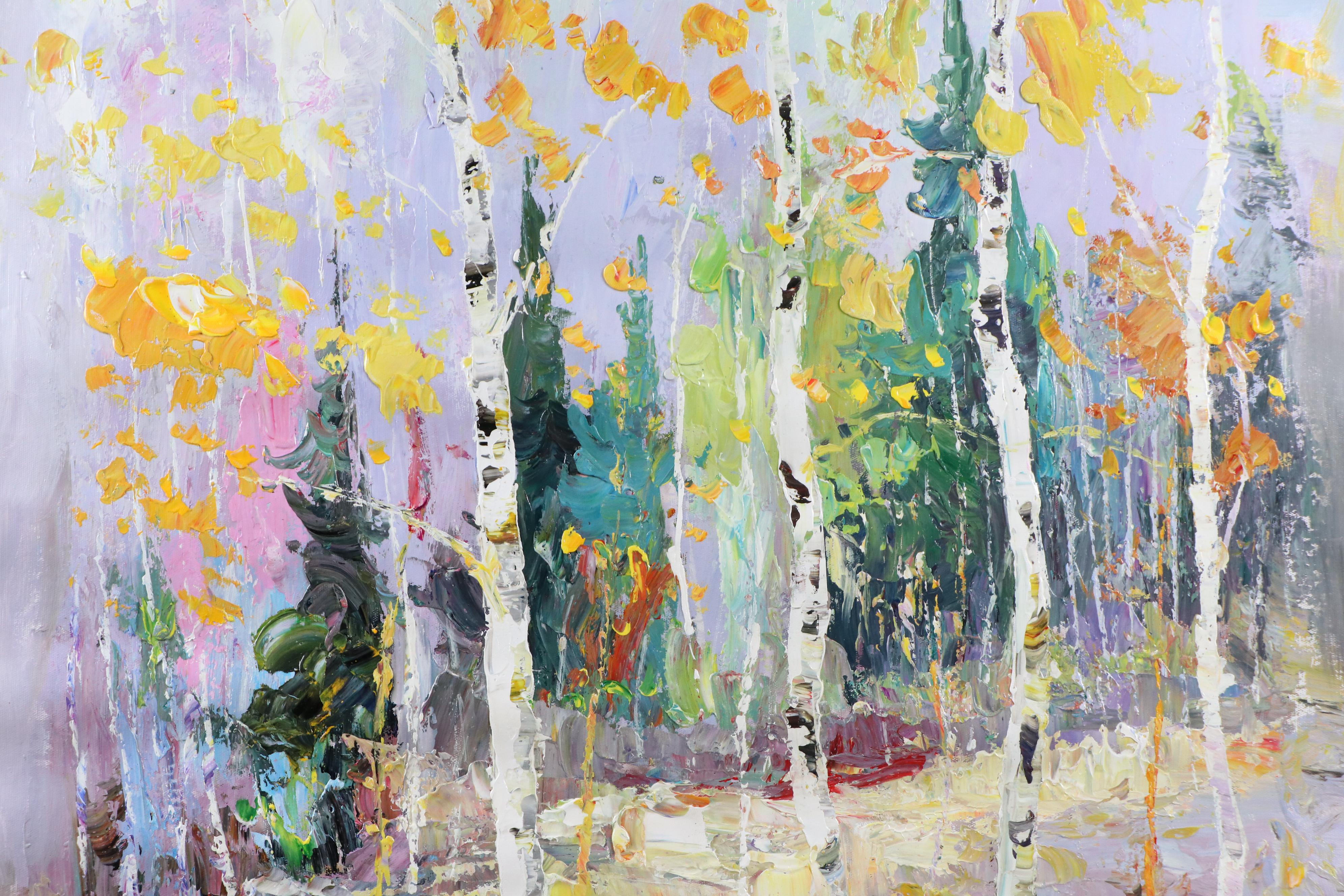 Expressionistic Style Oil Painting of Birch Trees, 21st Century