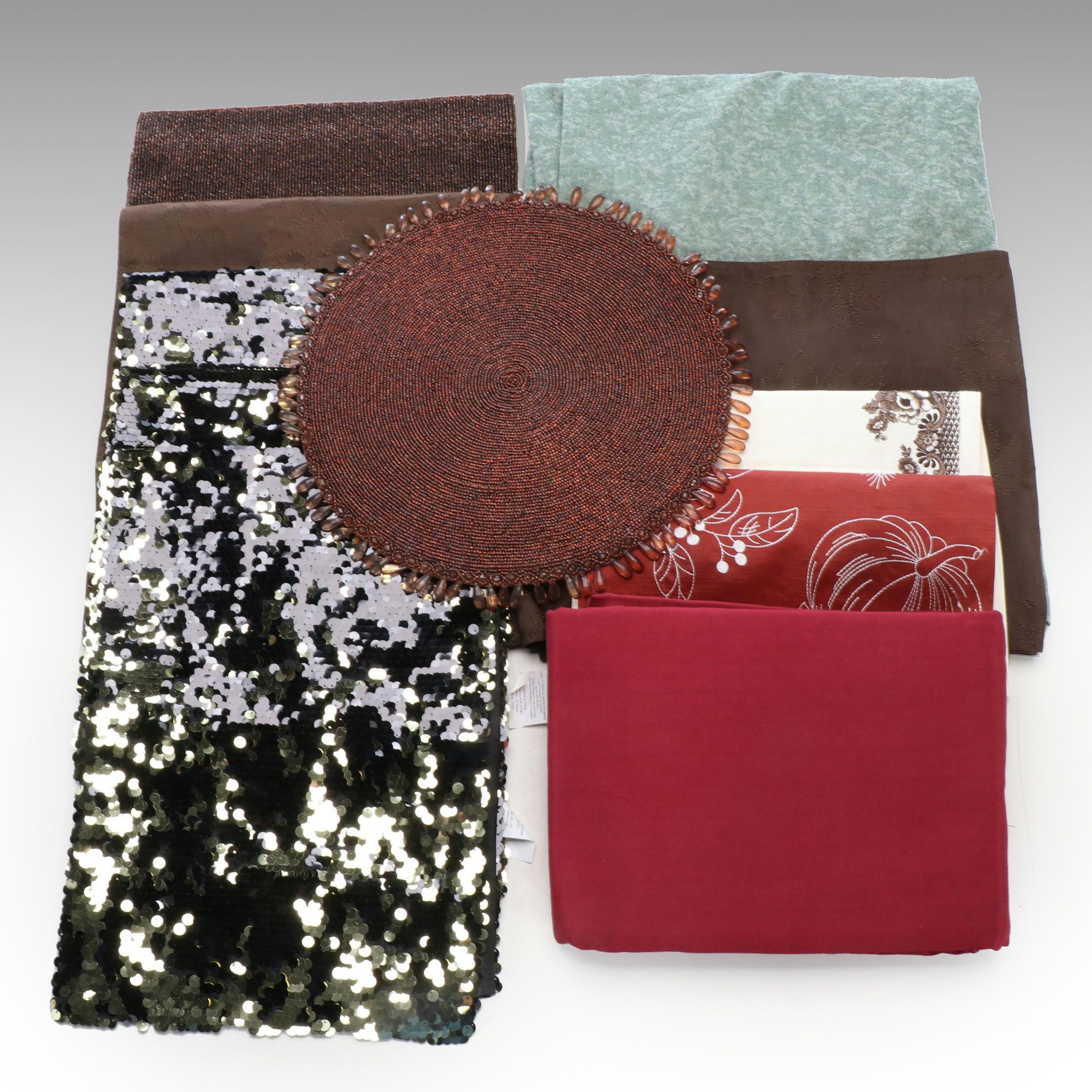 Spode Table Runner, Thro Sequin Table Runner, and More Table Linens