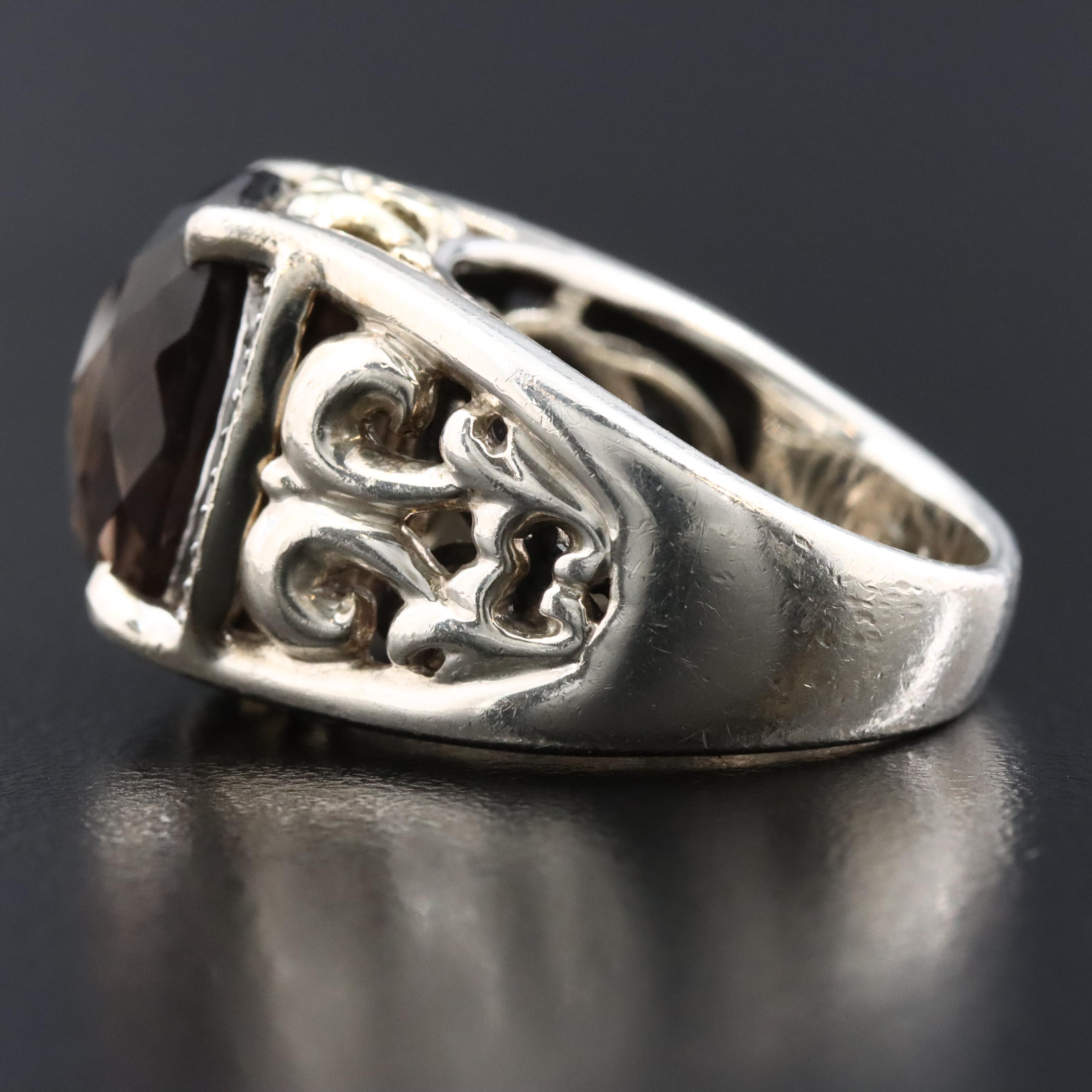 Sterling Smoky Quartz and Moissanite Ring with 18K Accents