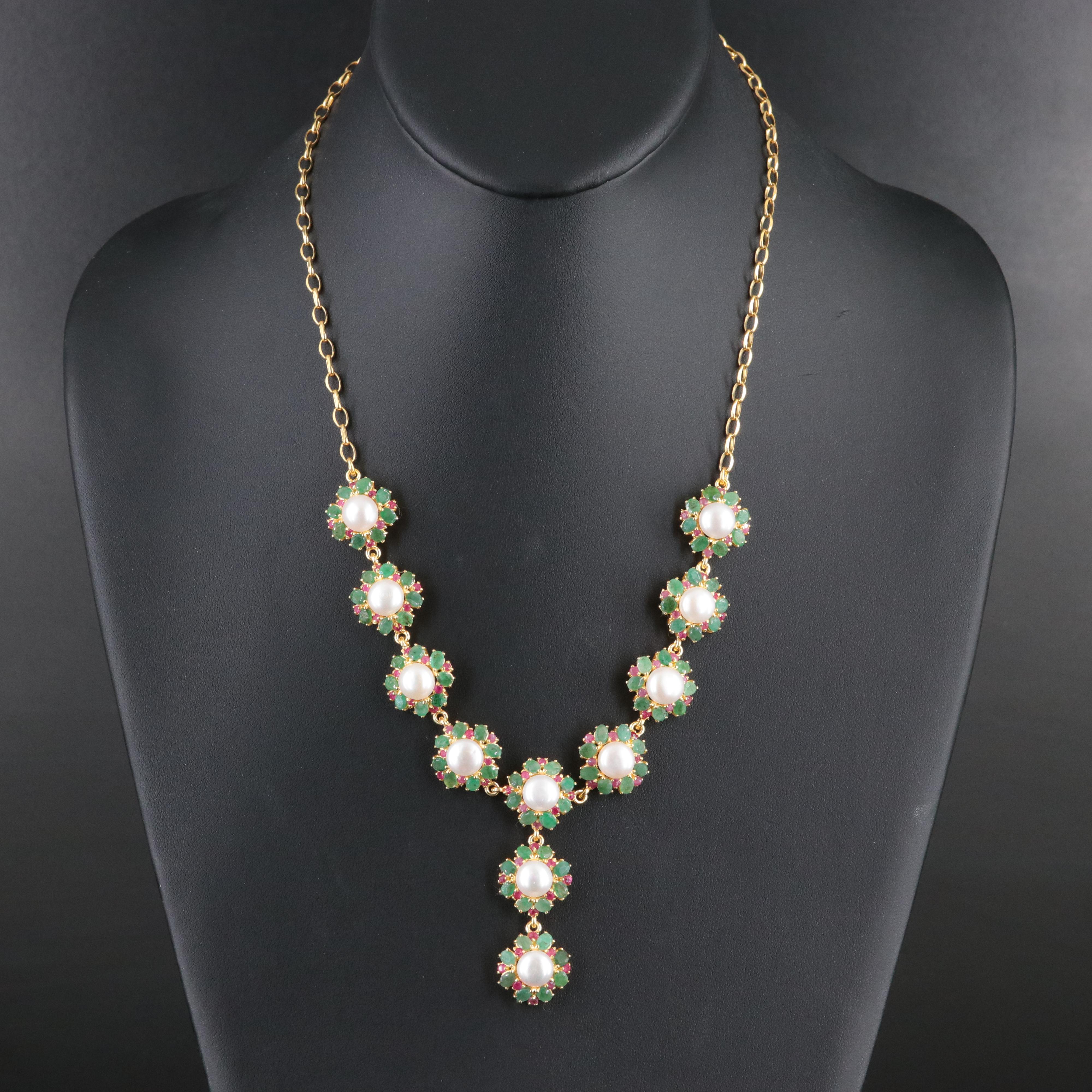 Sterling Pearl, Emerald and Filled Ruby Floral Lariat Necklace