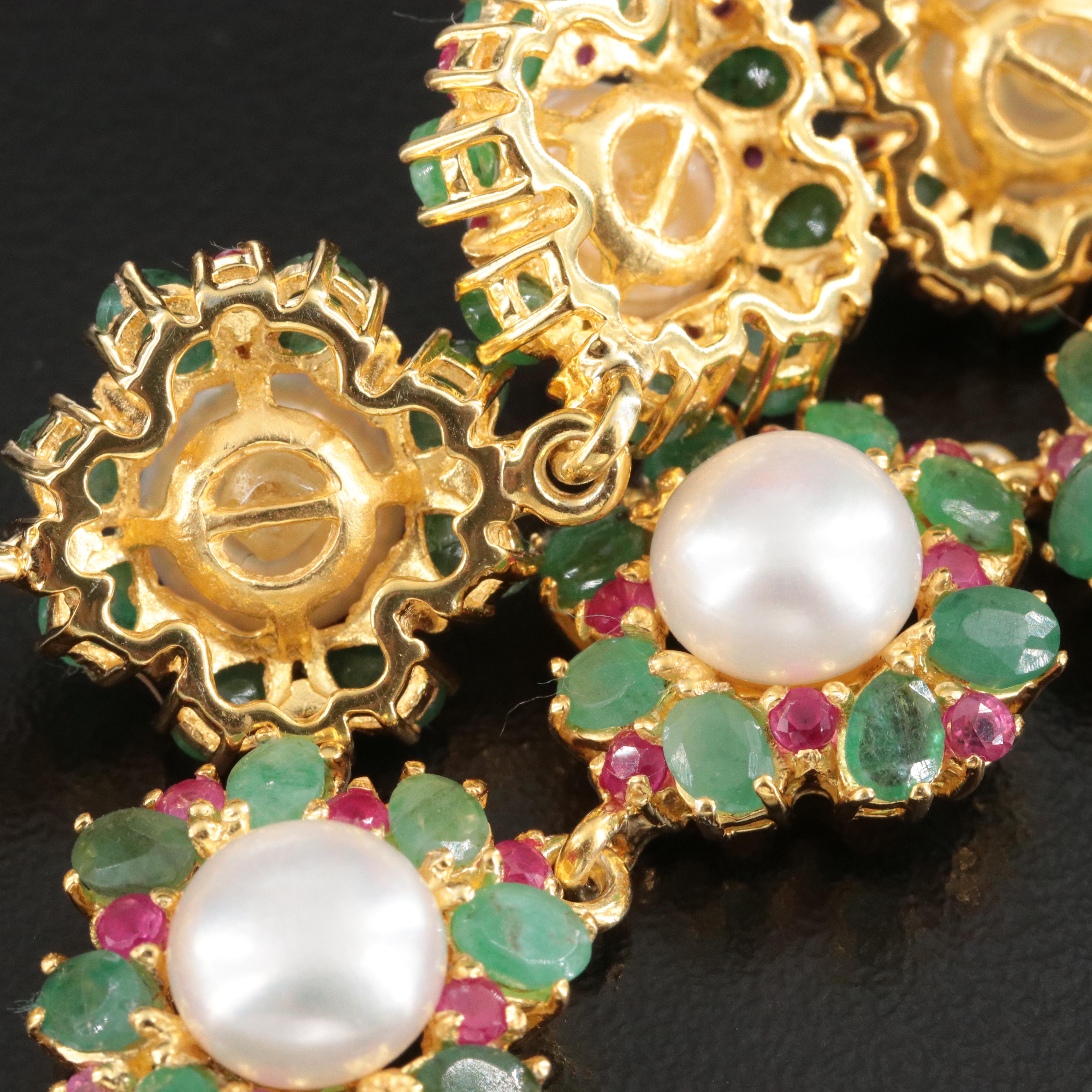 Sterling Pearl, Emerald and Filled Ruby Floral Lariat Necklace