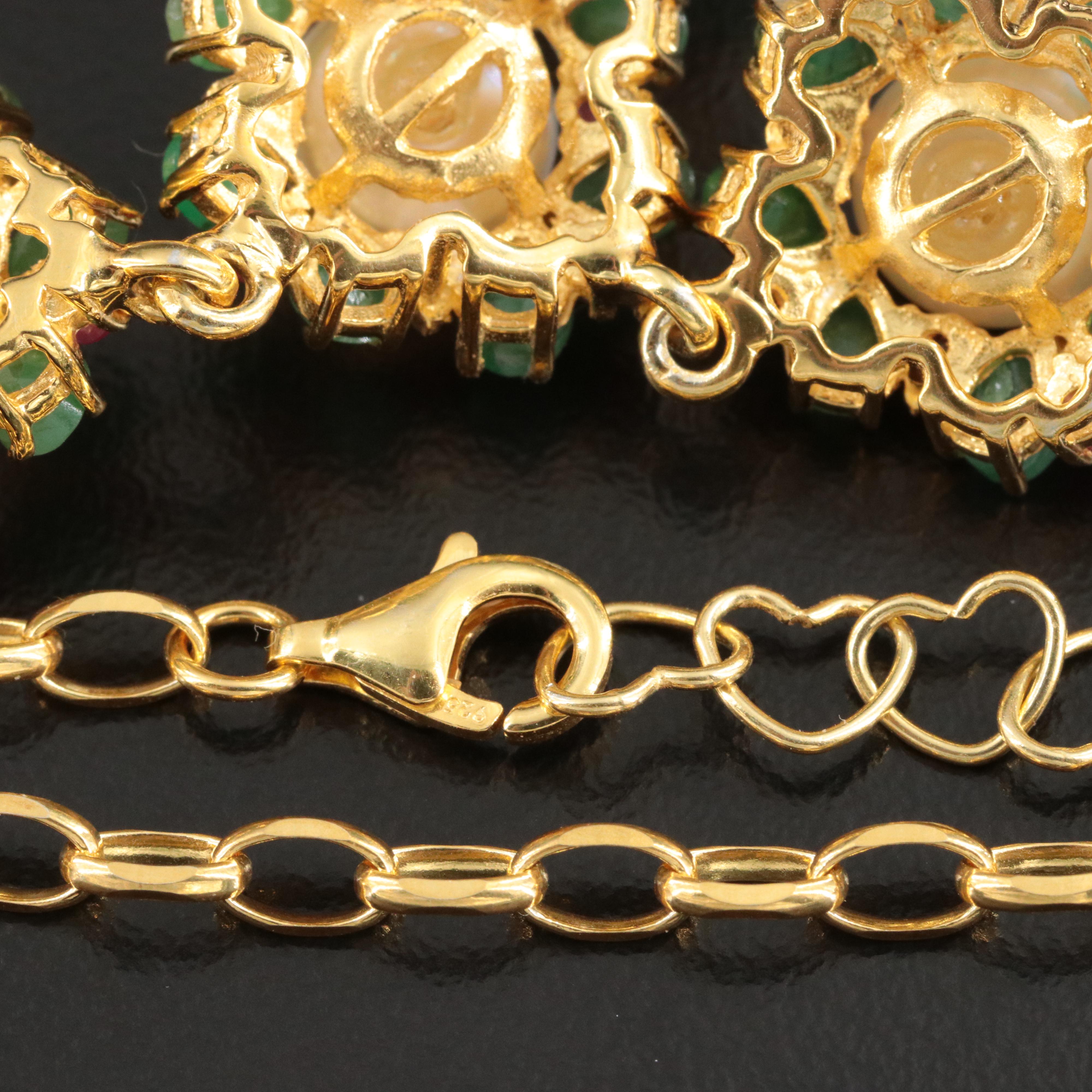 Sterling Pearl, Emerald and Filled Ruby Floral Lariat Necklace