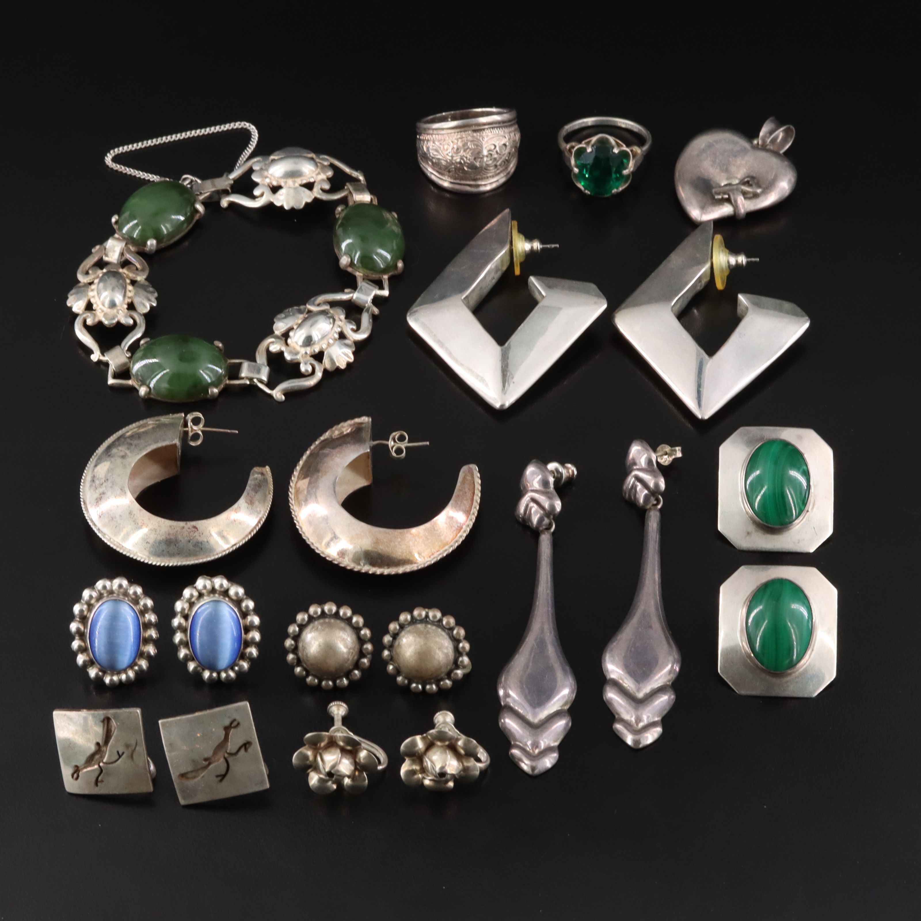 Sterling Jewelry Collection Including Malachite and Nephrite