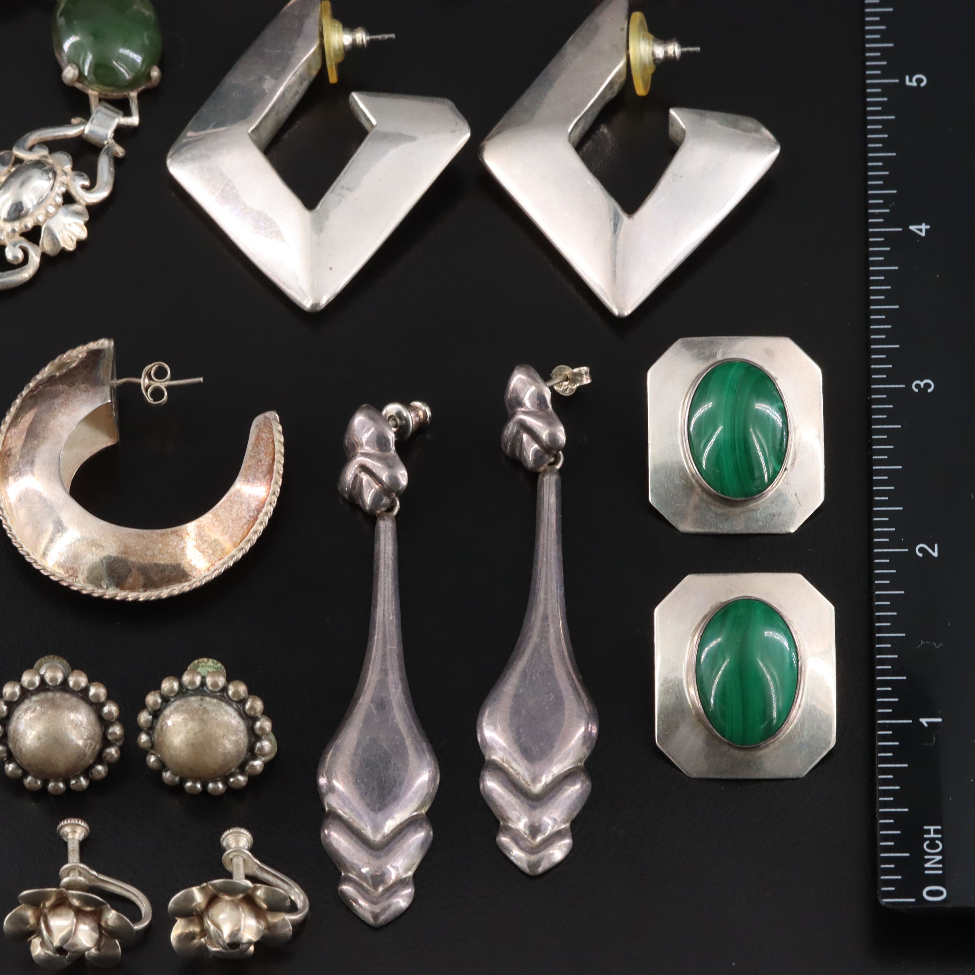 Sterling Jewelry Collection Including Malachite and Nephrite