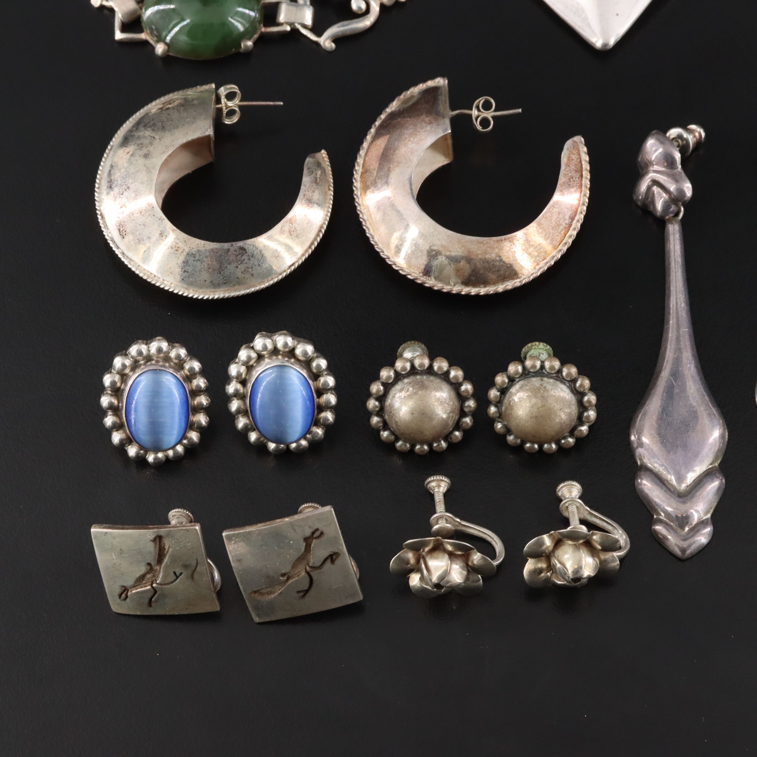 Sterling Jewelry Collection Including Malachite and Nephrite