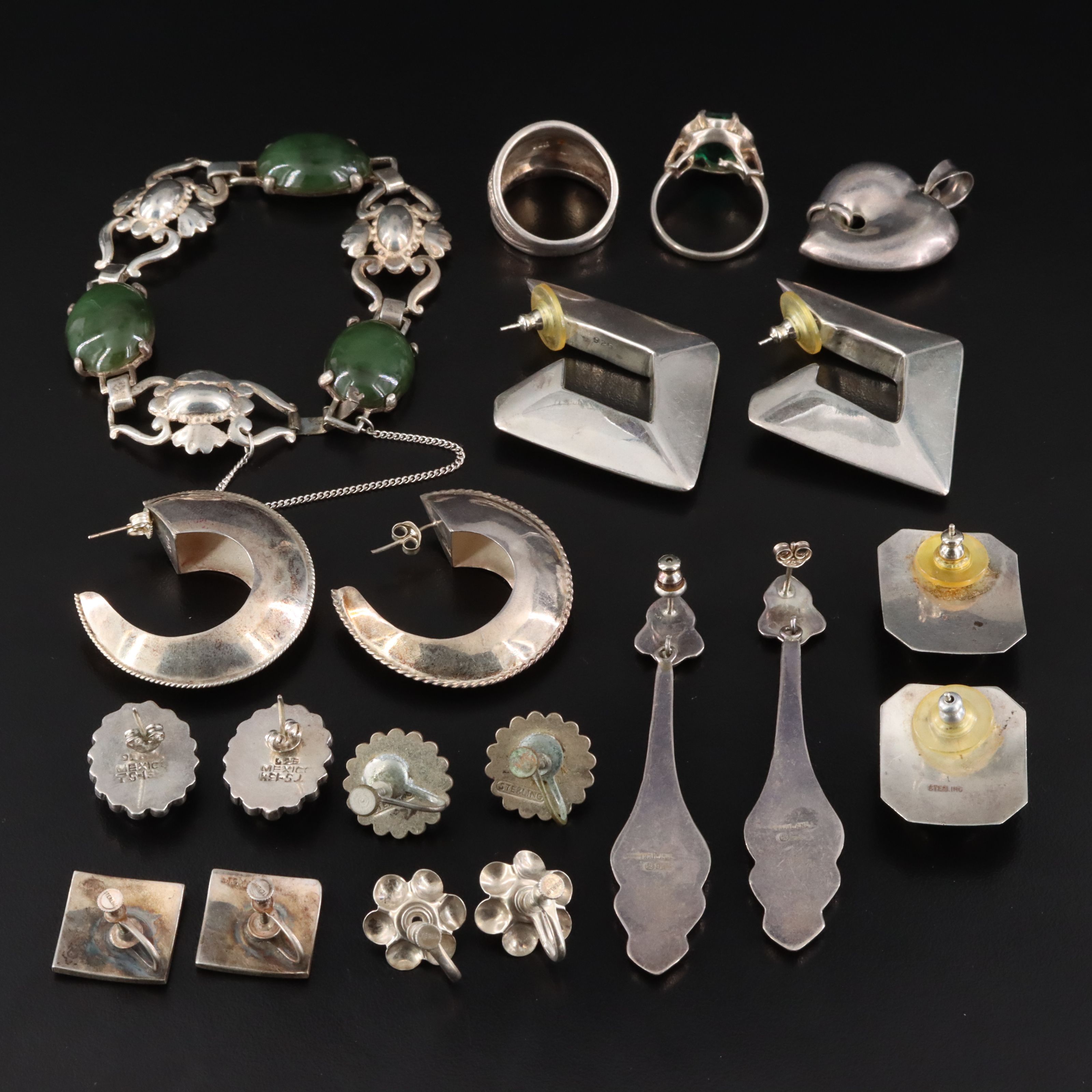 Sterling Jewelry Collection Including Malachite and Nephrite