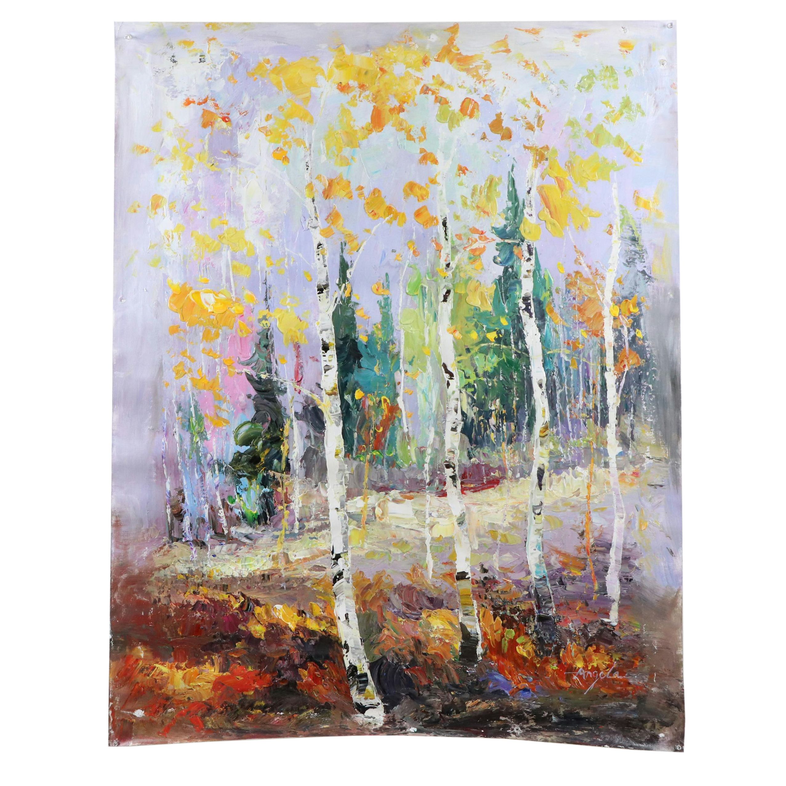 Expressionistic Style Oil Painting of Birch Trees, 21st Century