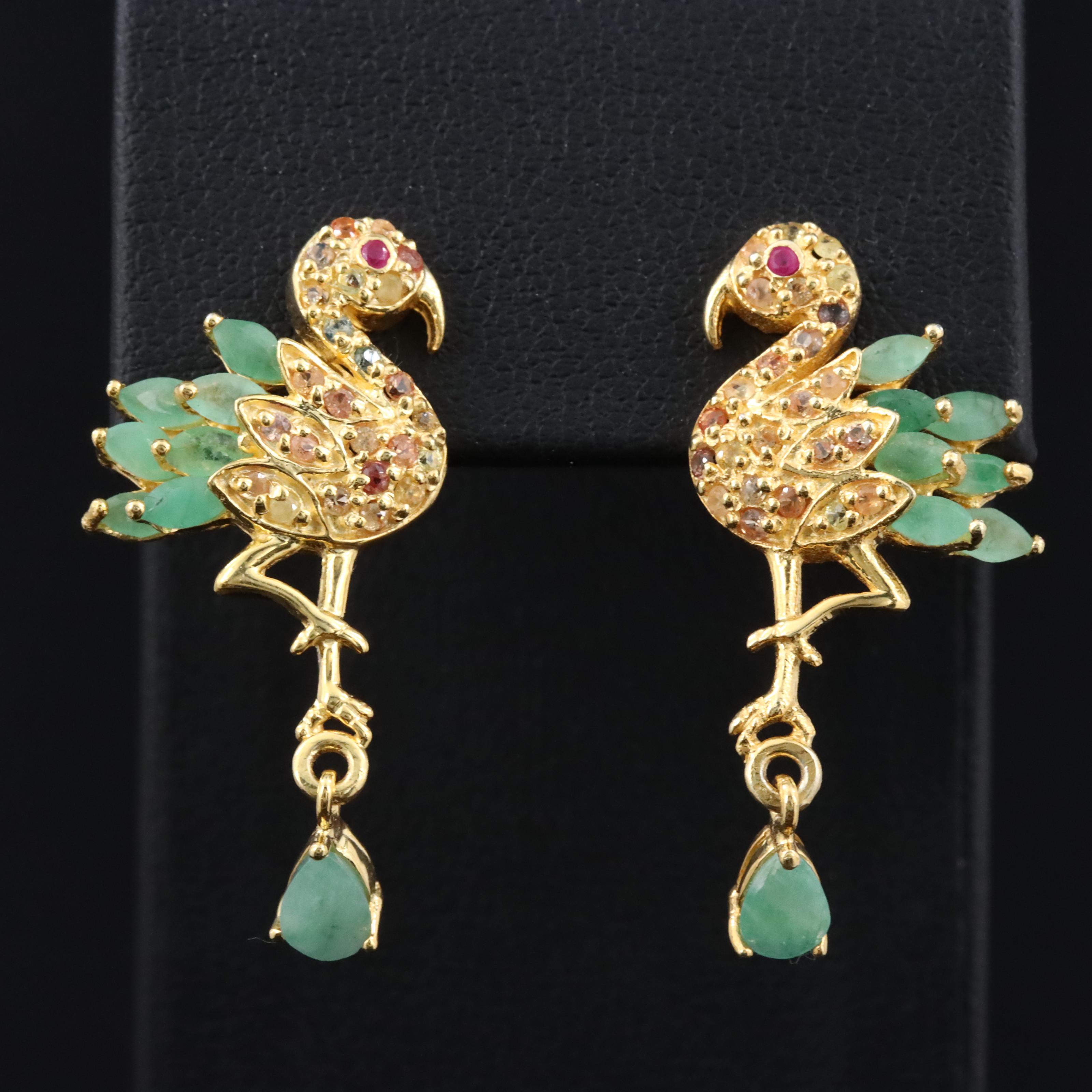 Sterling Emerald, Sapphire and Ruby Flamingo Earrings