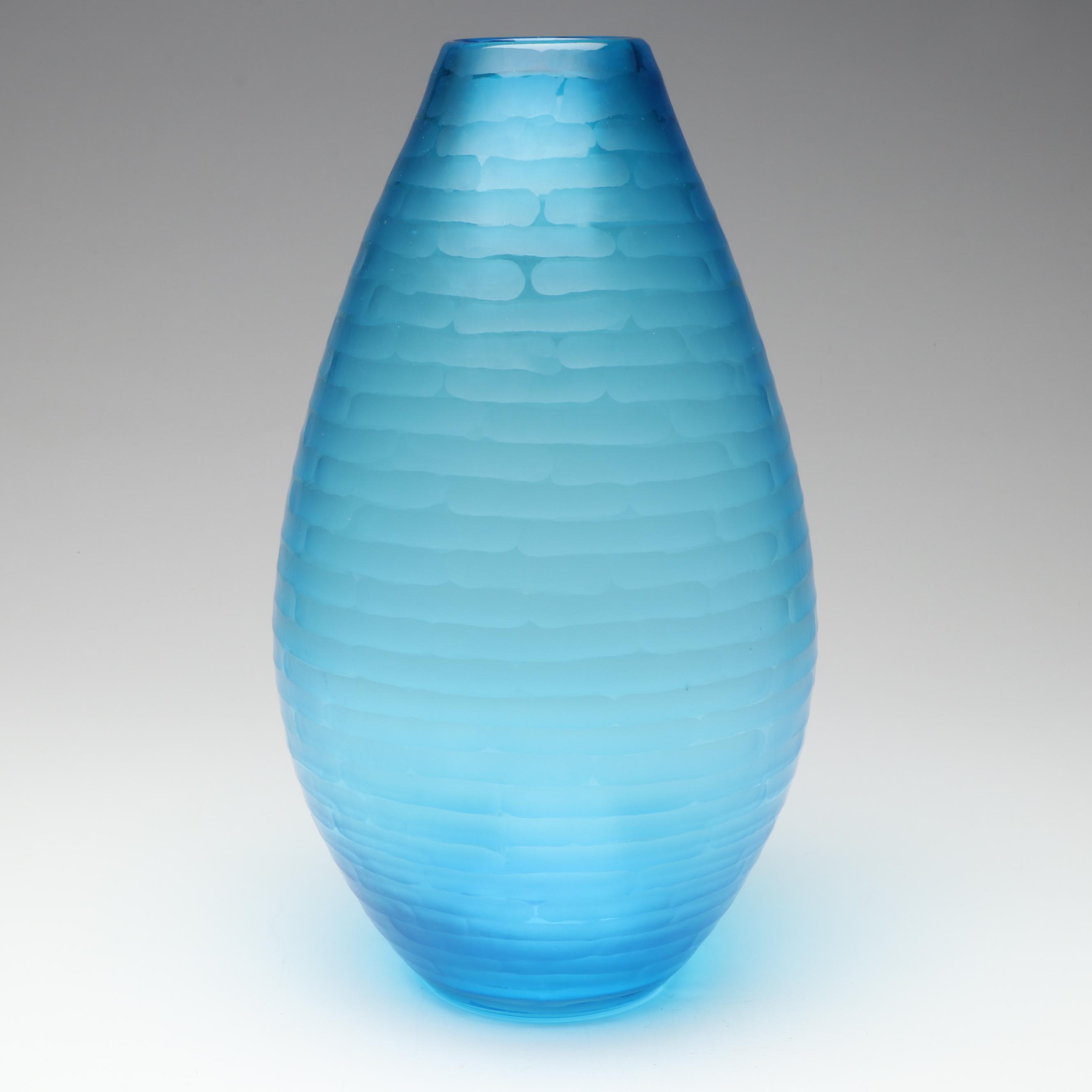 Venetian Style Turquoise Shimmer Etched Glass Vase