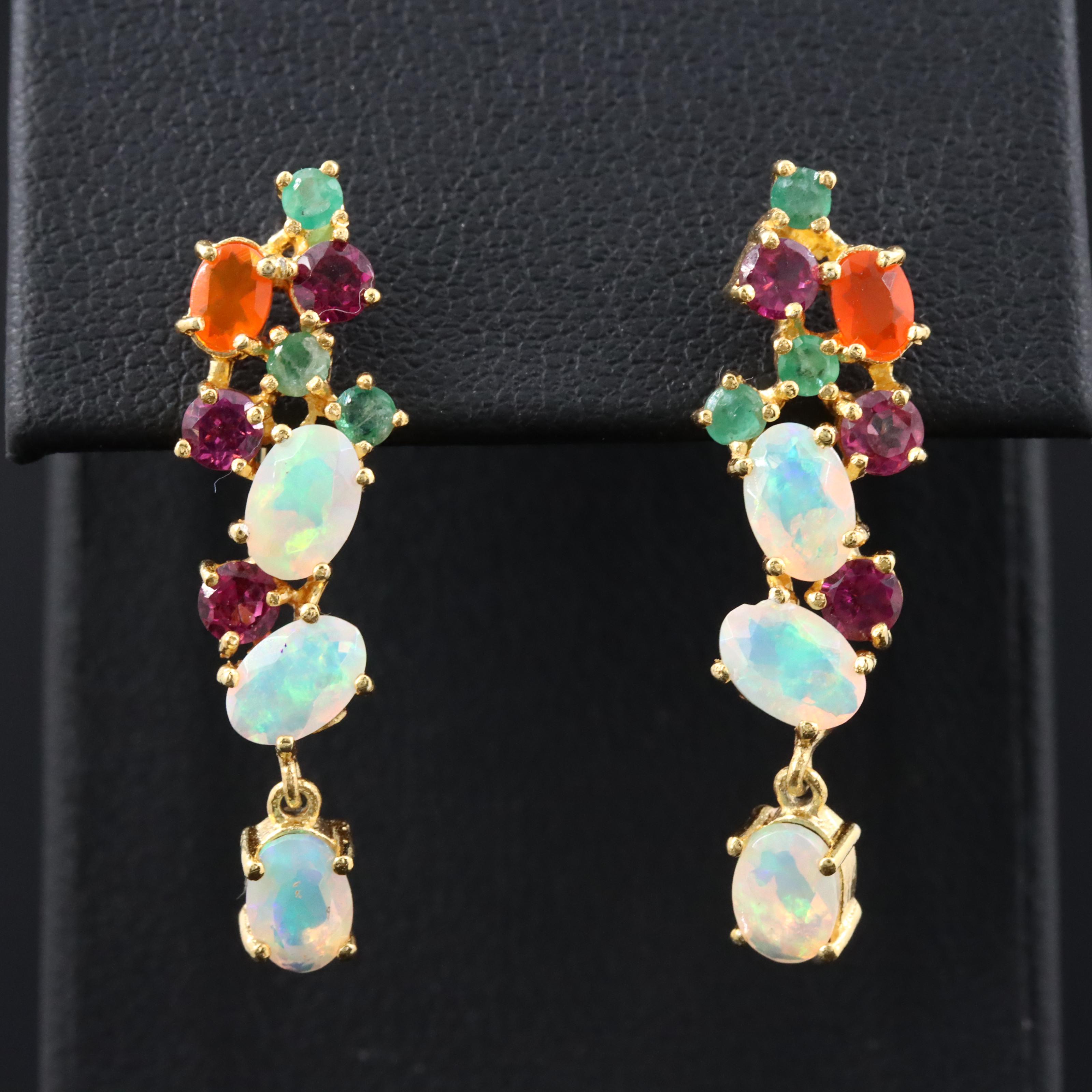 Sterling Opal, Emerald and Garnet Drop Earrings